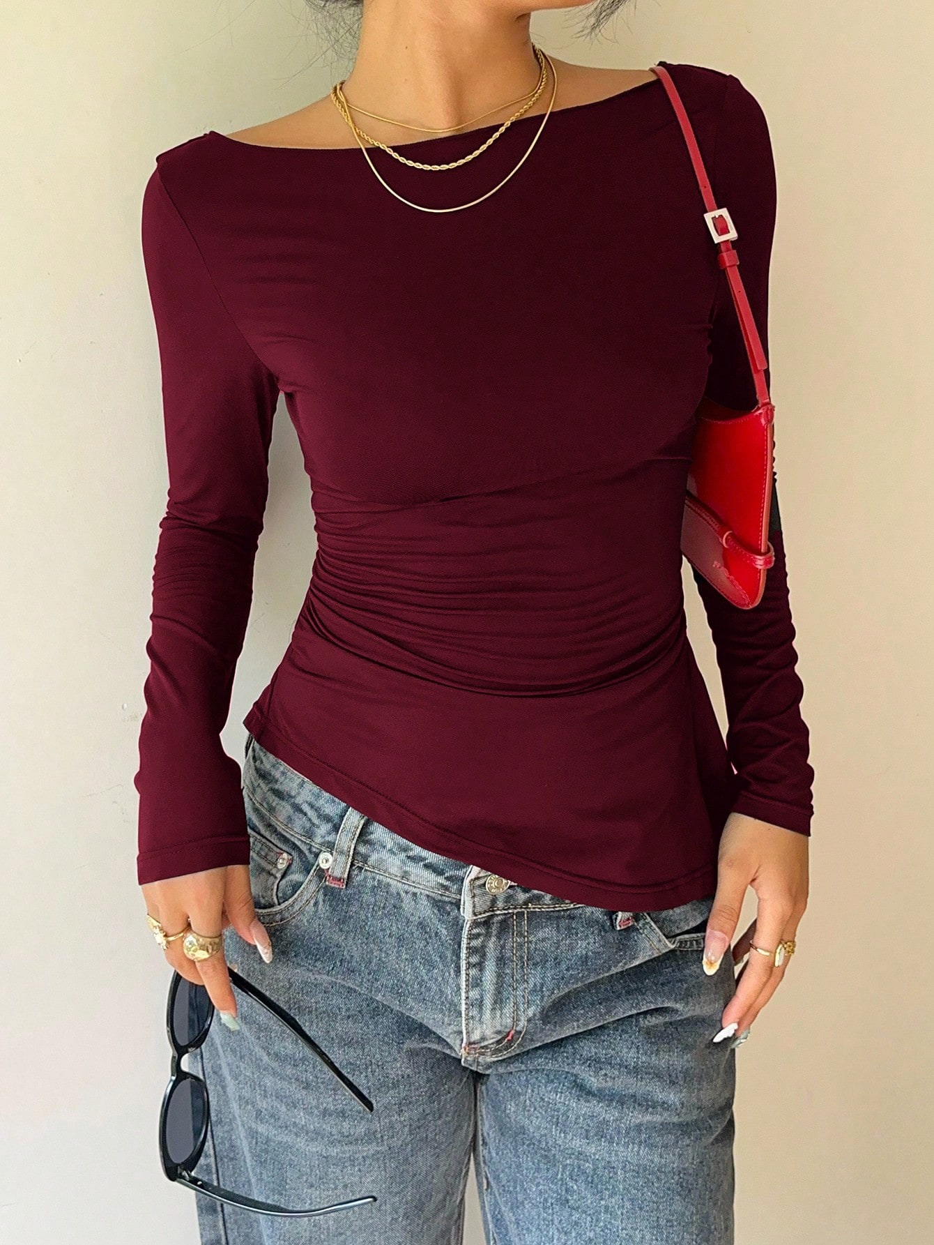 Woman's Burgundy Off-Shoulder Long Sleeve Top with Lace Bow Back