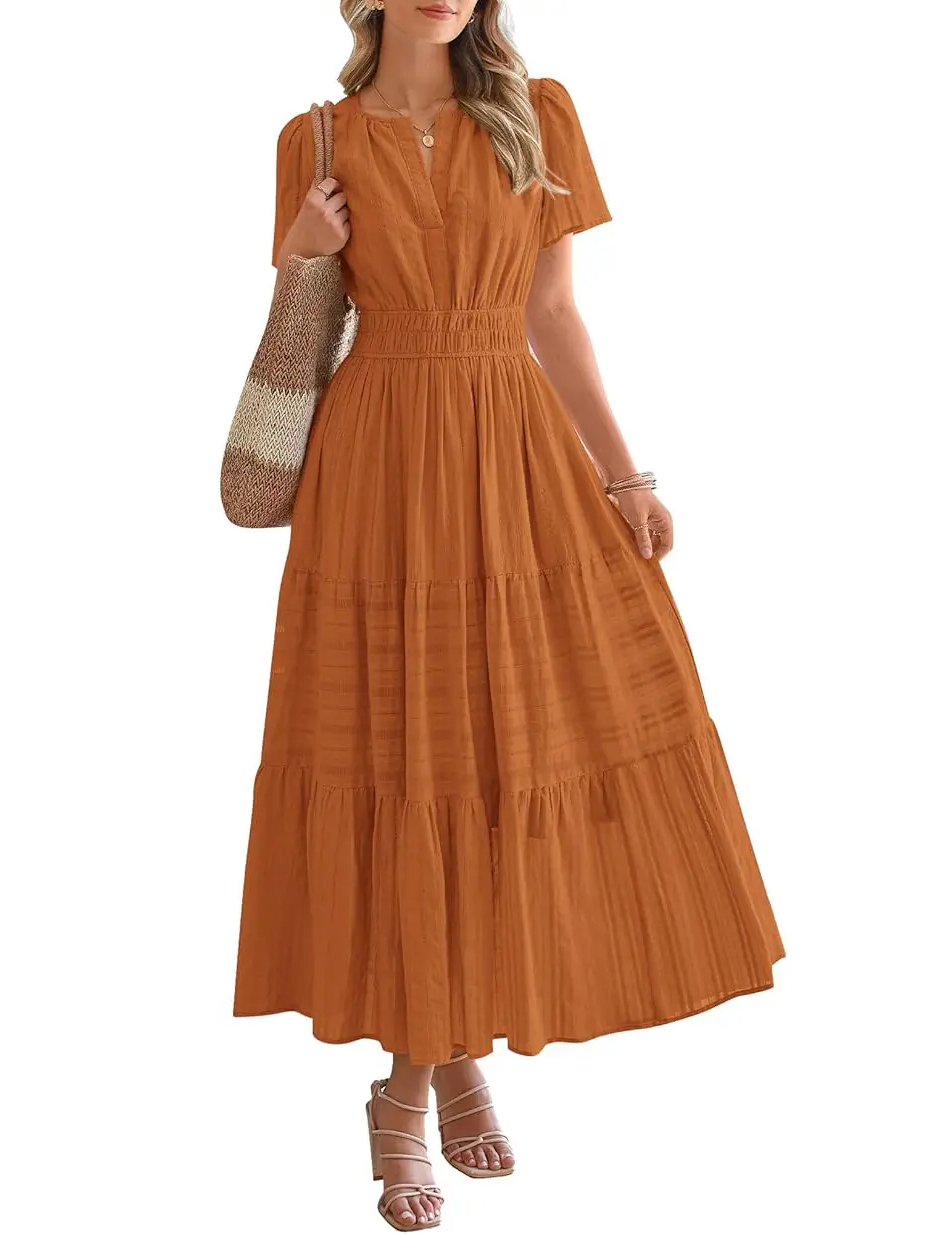 Casual V Neck Boho Midi Dress with Pockets