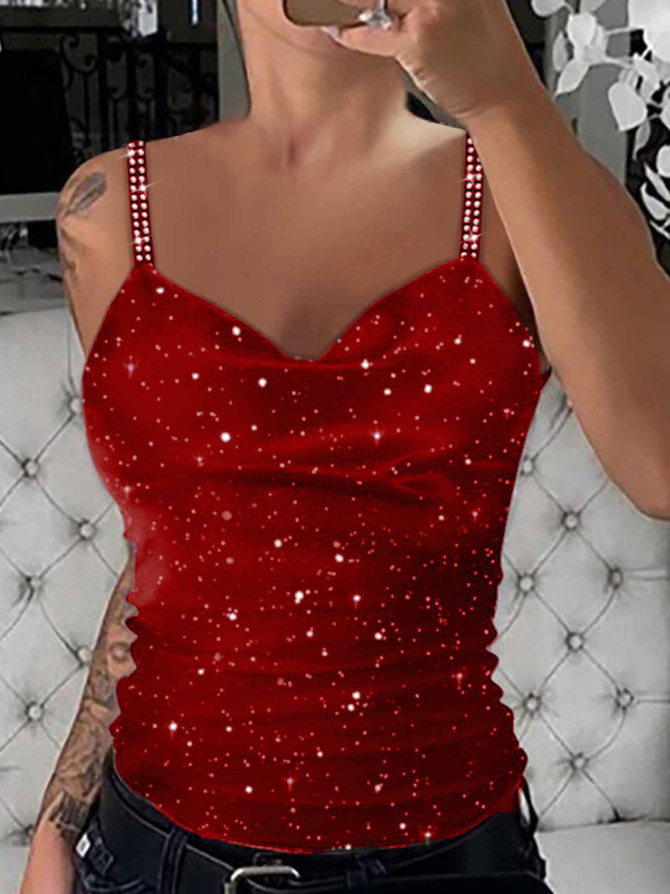 Women's Sexy Sparkly Rhinestone Strap Cami Tank Top