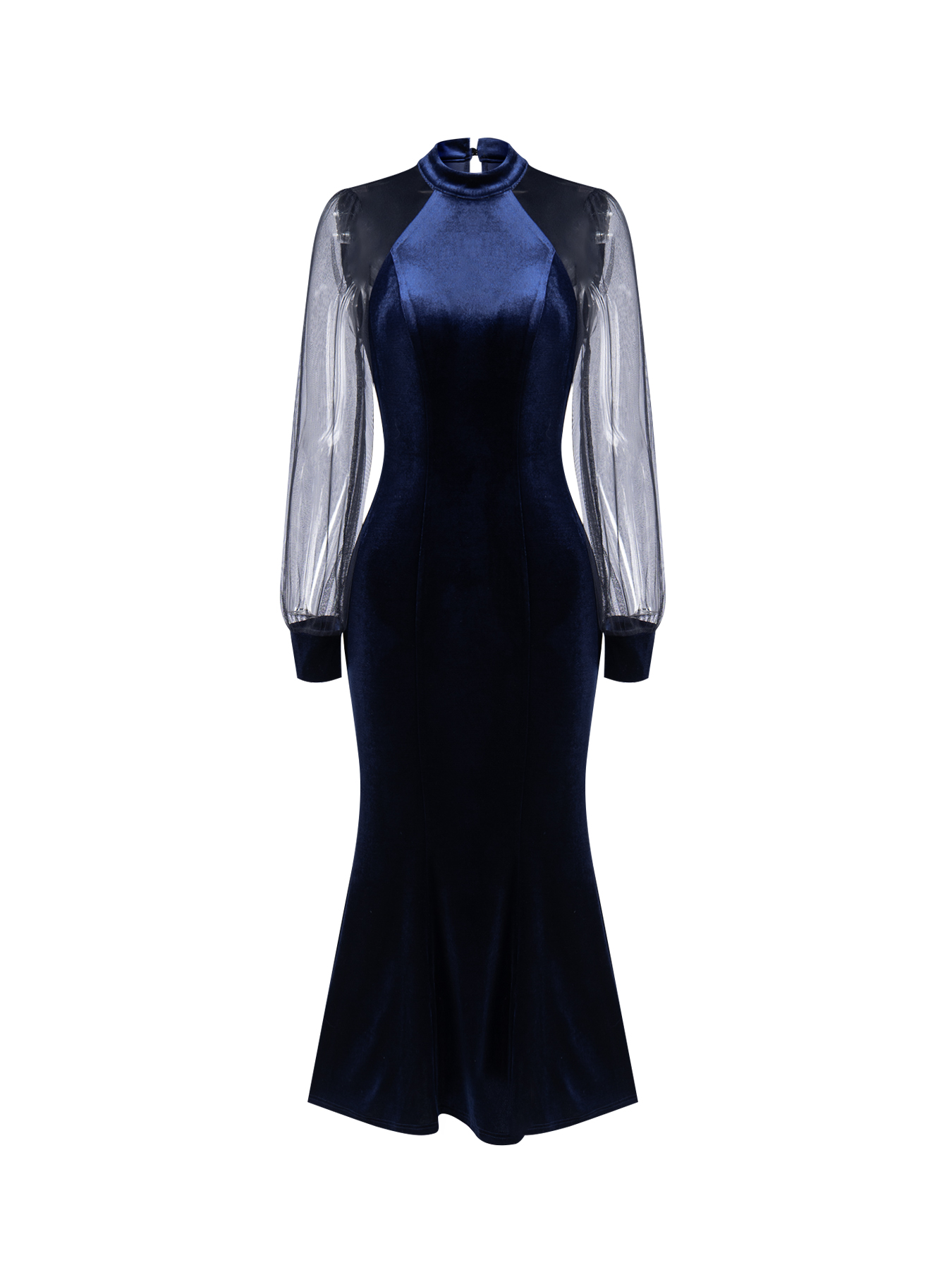 Woman's Navy Blue Velvet Mock Neck Sheer Puff Sleeve Mermaid Maxi Dress