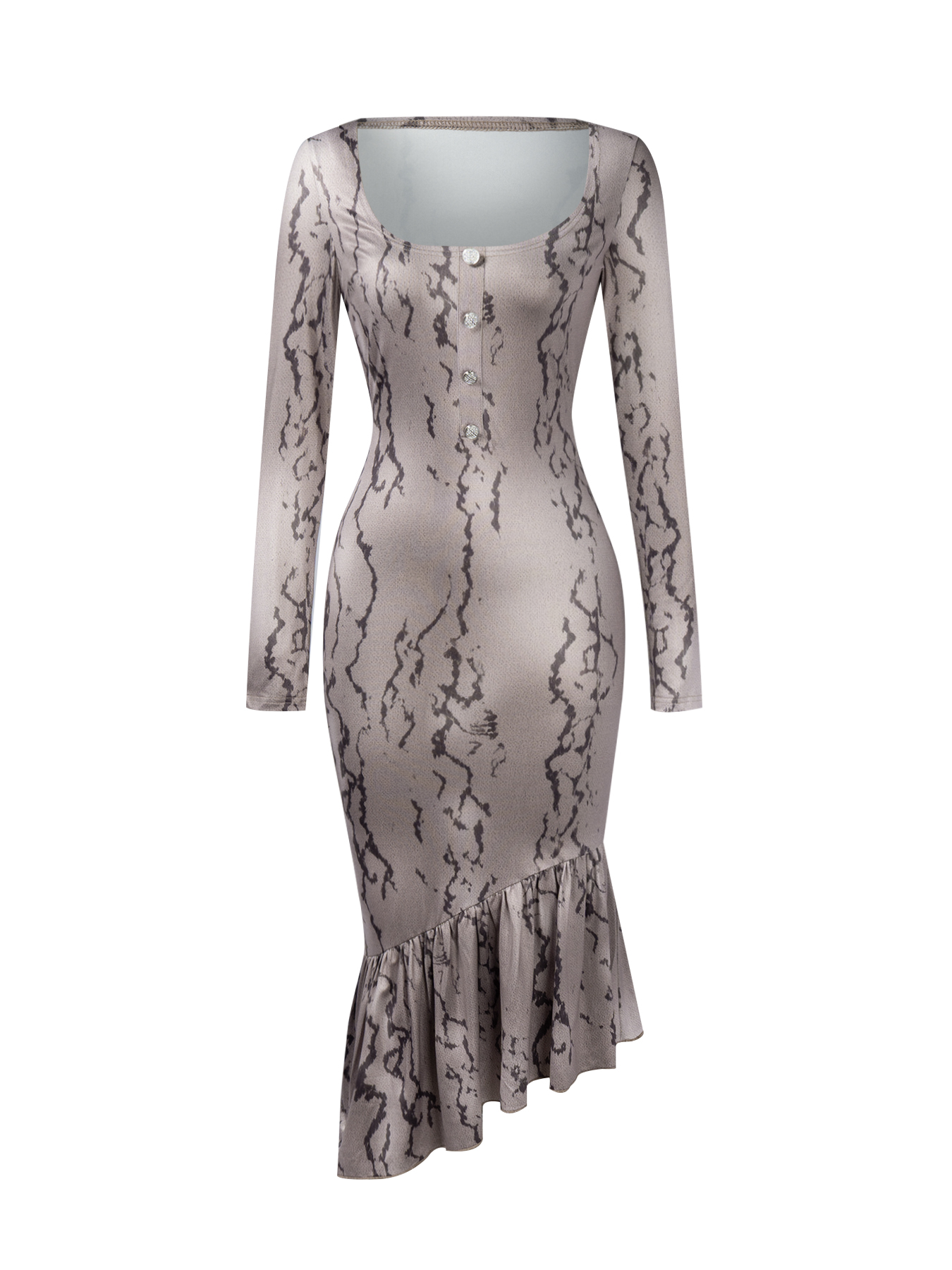 Woman's Beige Snake Print Square Neck Asymmetric Midi Dress