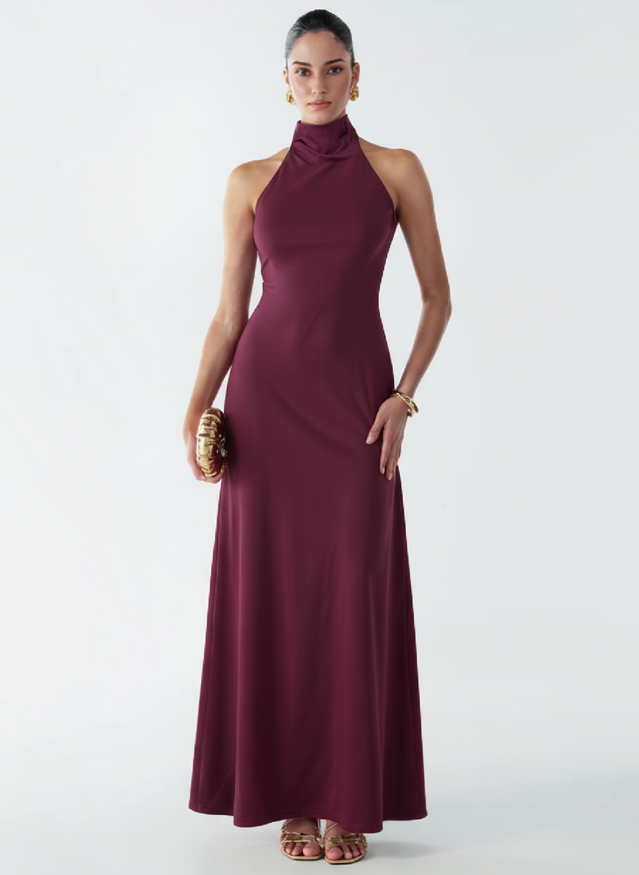 Woman's Burgundy Halter Neck Sleeveless Bodycon Maxi Dress