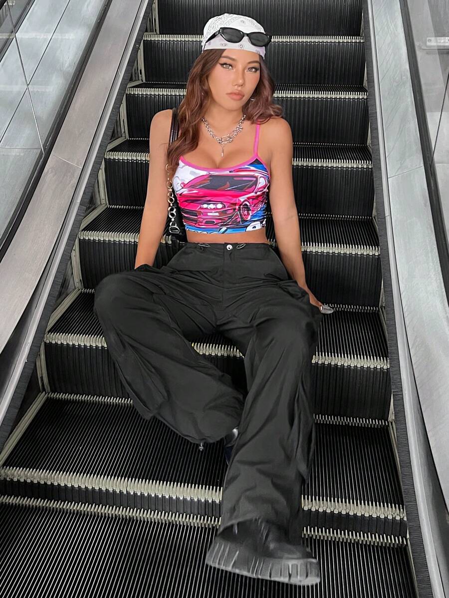 Women's Pink Trim Racing Car Print Cami Crop Top