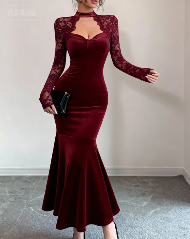 Woman's Burgundy Velvet Lace Long Sleeve Halter Sweetheart Mermaid Dress