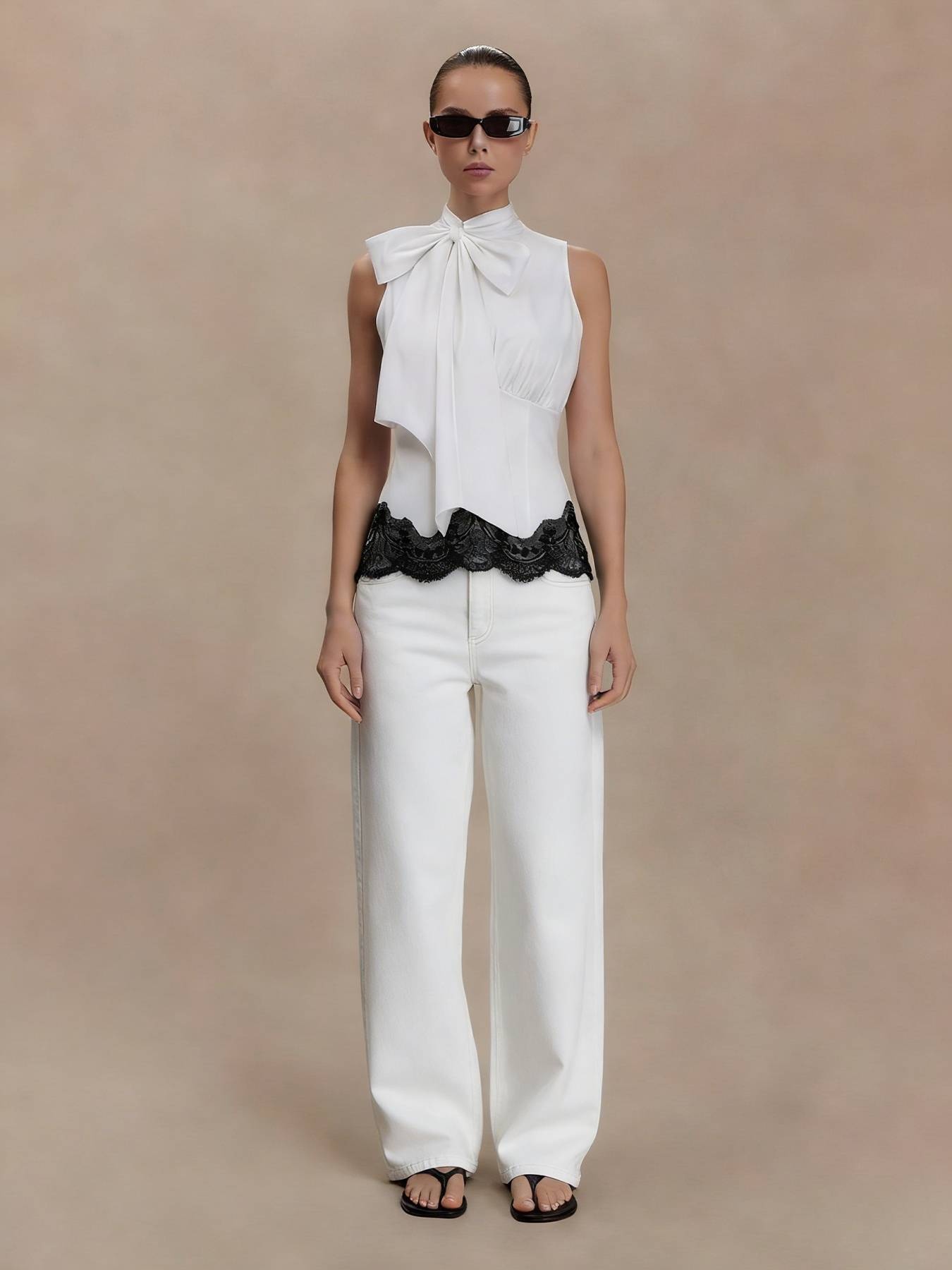 Women's Elegant Sleeveless High Neck Bow Detail Ruched Lace Trim Blouse