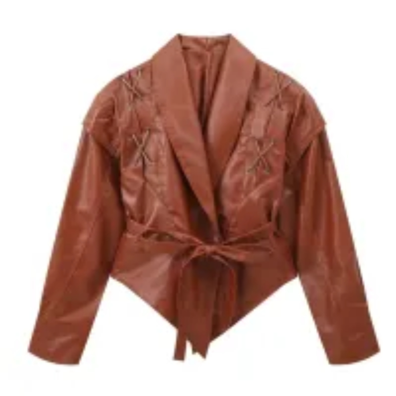 Woman's Faux Leather Lace-Up Detail Belted Cropped Jacket