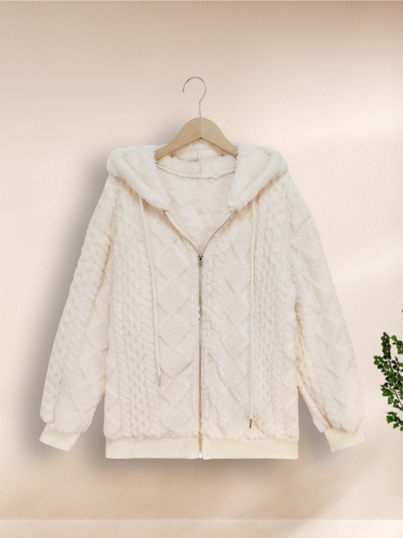 Beige-white hooded lambskin jacket Women‘s zippered loose thermal jacket Fall-winter casual fleece cardigan