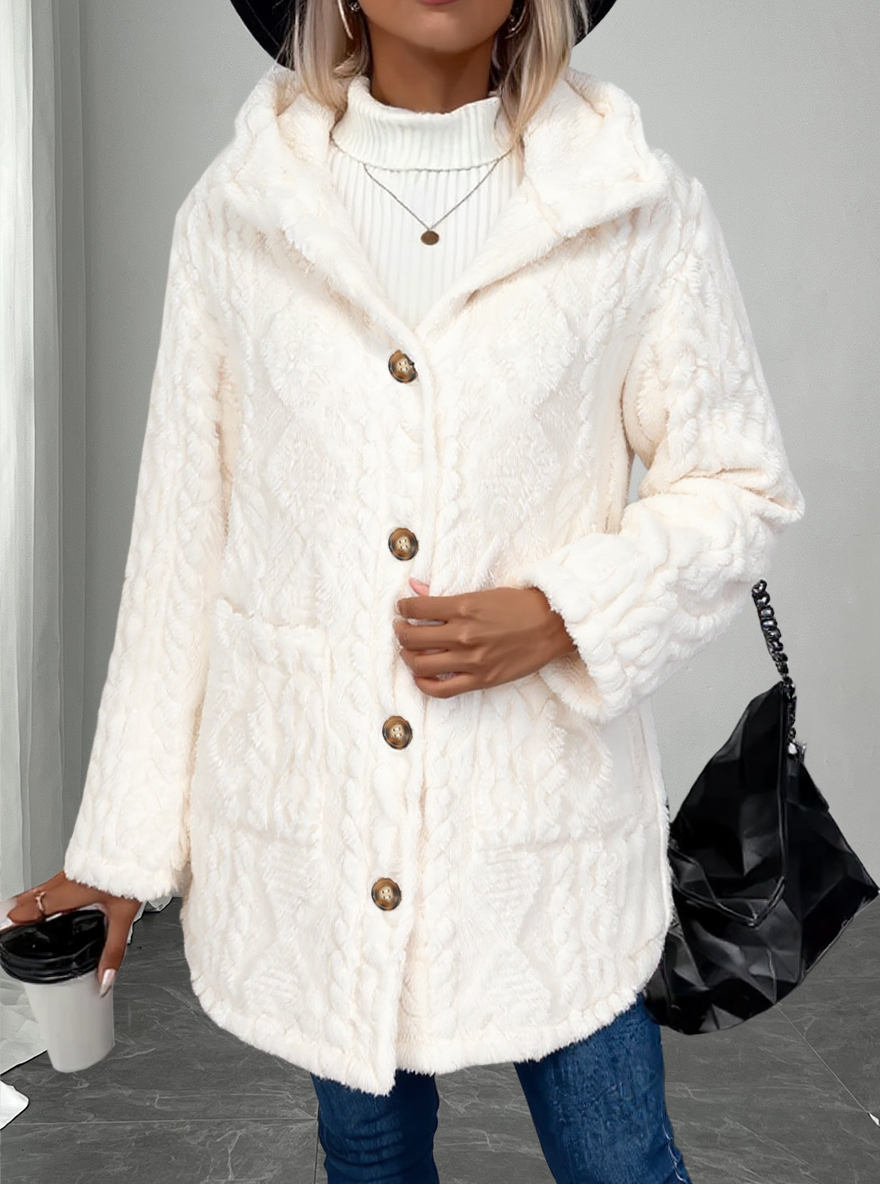 Woman's Cream Faux Fur Hooded Coat with Cable Knit Texture & Metal Buttons