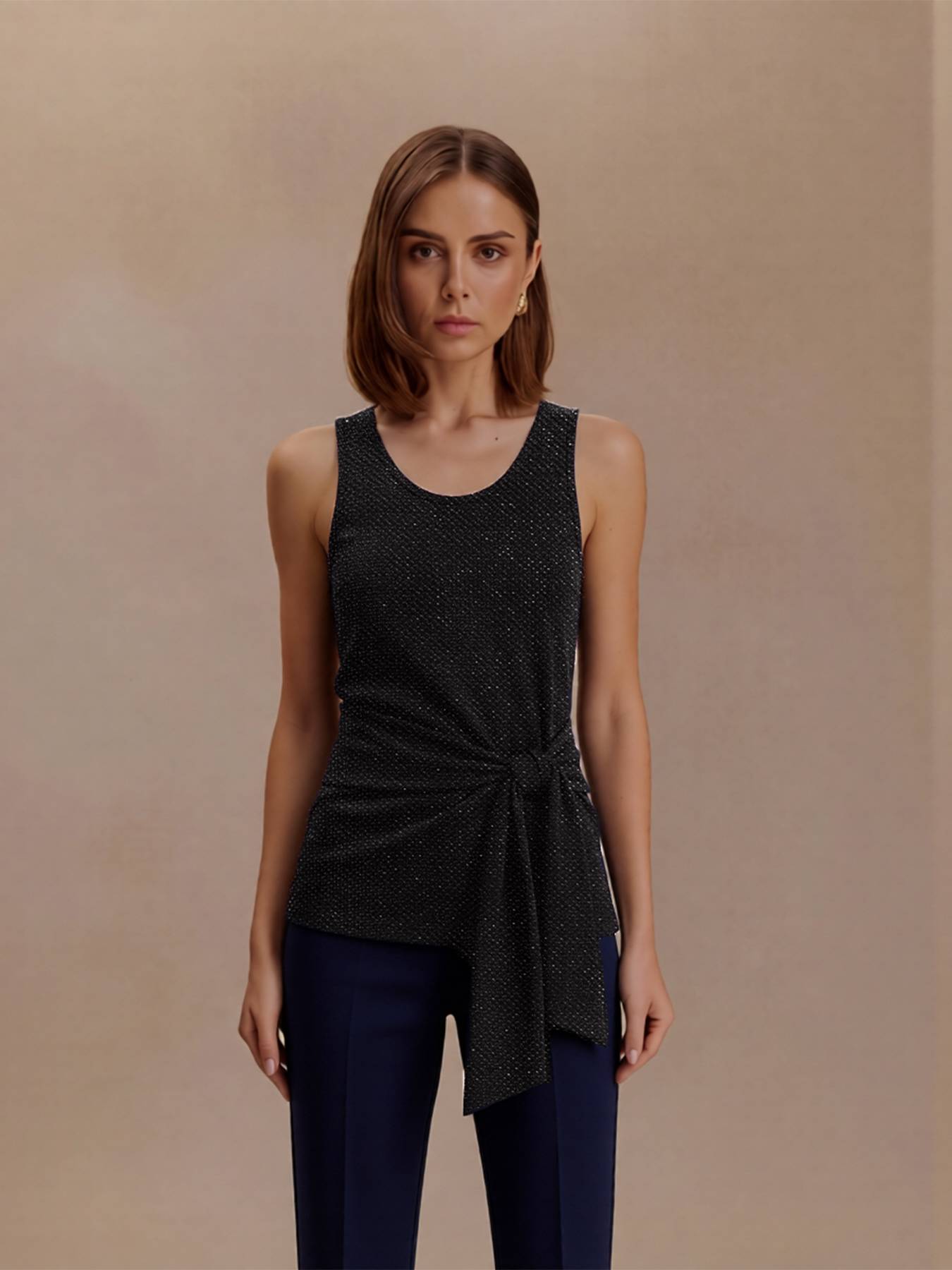 2026 Spring Summer Contemporary Crochet Cami - Metallic-Look Openwork Scoop Neck Essential Top