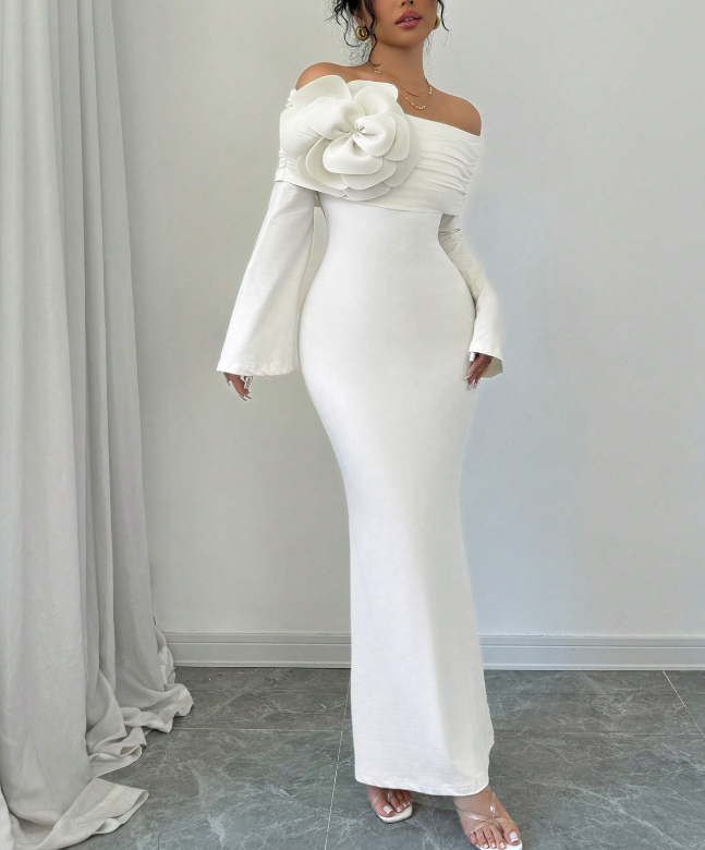 Women's White Off-The-Shoulder Long Sleeve Maxi Dress with Floral Applique