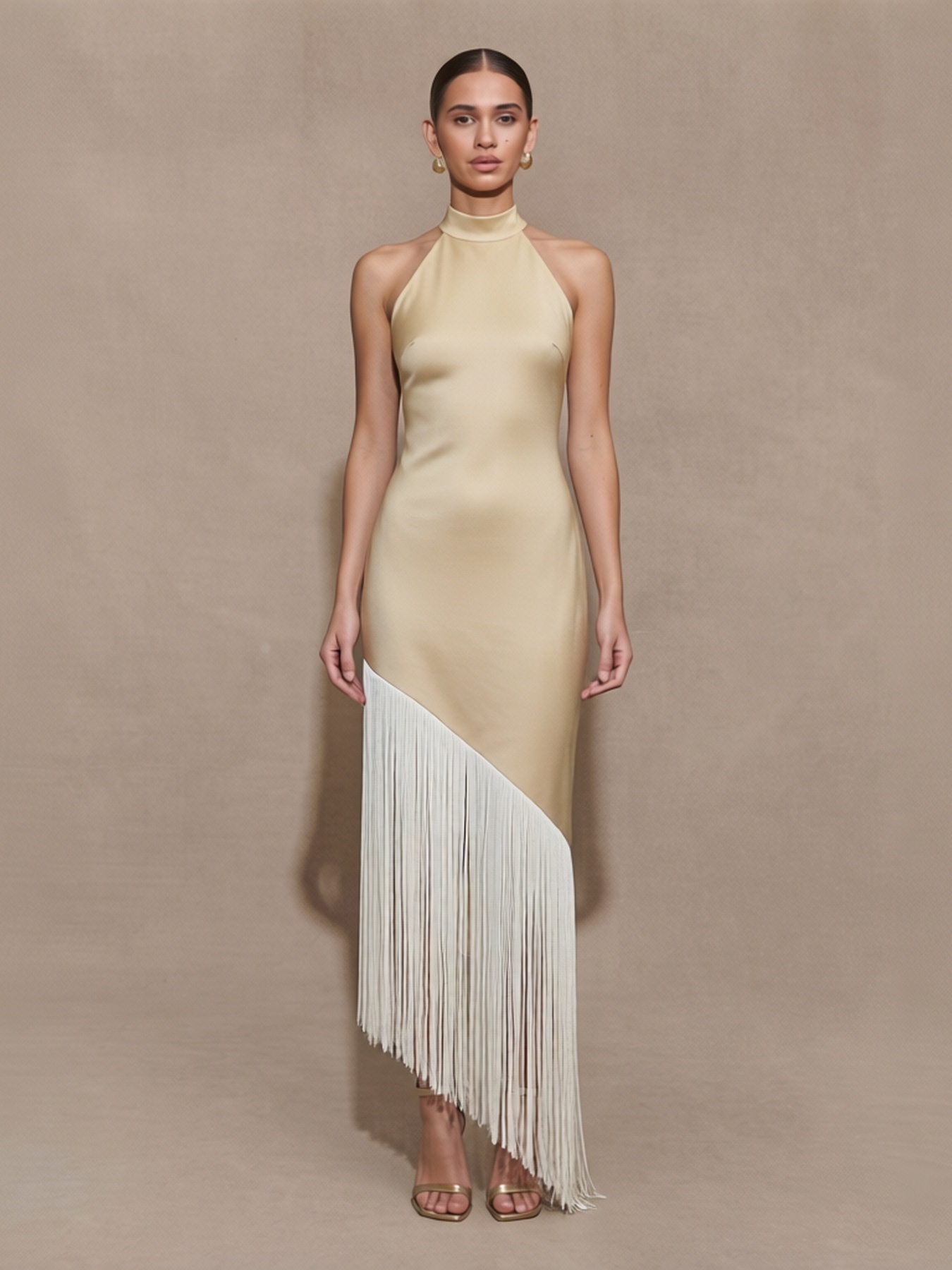 2026 Spring Summer Party Eye-Catcher Halter Backless Fringe Formal Dress : Fitted Asymmetric Hem Maxi Elegant Dress