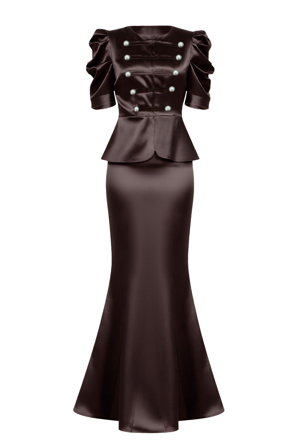 2026 Spring Summer Deep Mocha Satin Tailored Suit Set - Vintage-Inspired Bubble Sleeves, Double-Breasted Waist & Fishtail Midi Skirt-Aetheryn