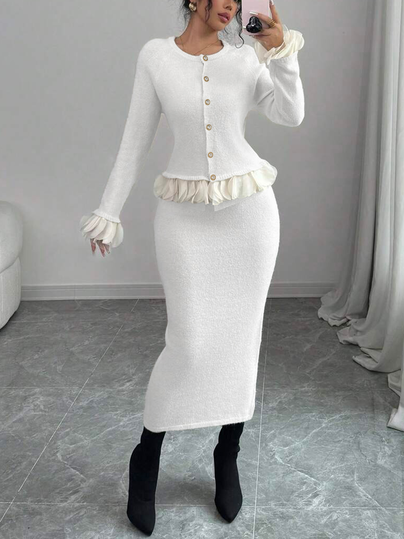 Women's White Knitted Cardigan with Gold Buttons, Ruffled Hem & Cuffs
