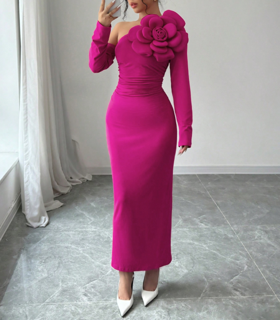 Women's Fuchsia One-Shoulder Long Sleeve Maxi Dress with Floral Applique