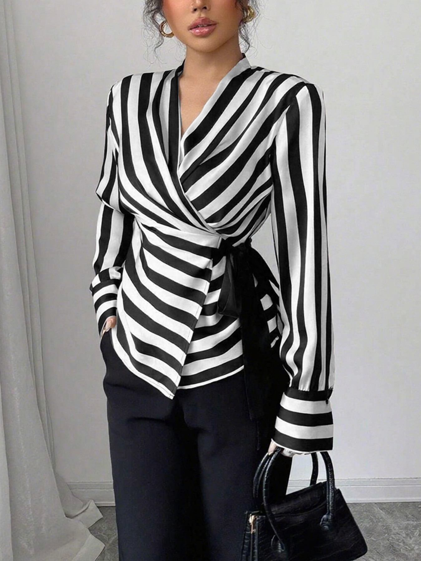 Women's Black White Striped Wrap Satin Blouse
