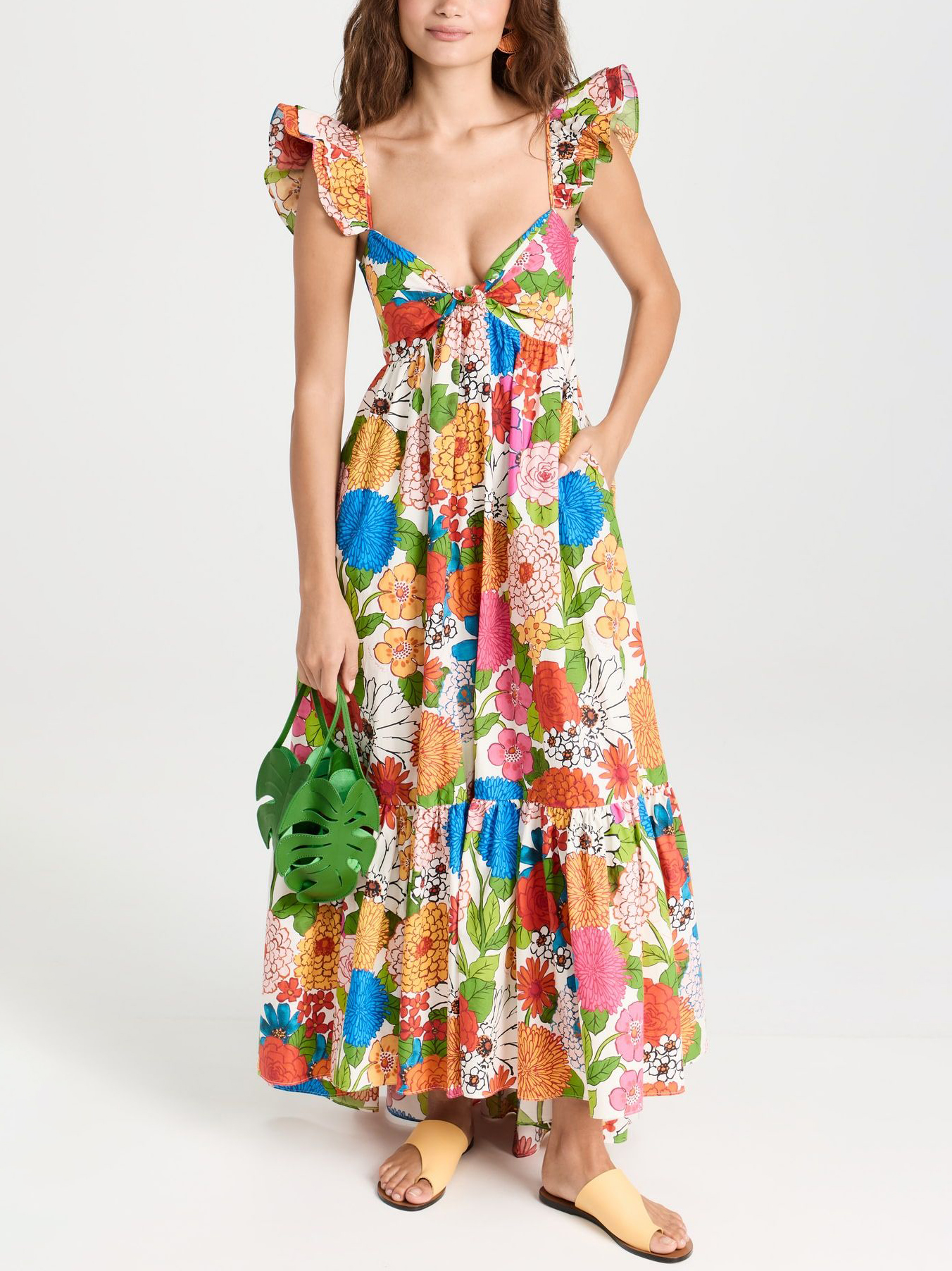Boho Floral Ruffle Strap Tiered Art Print Maxi Dress