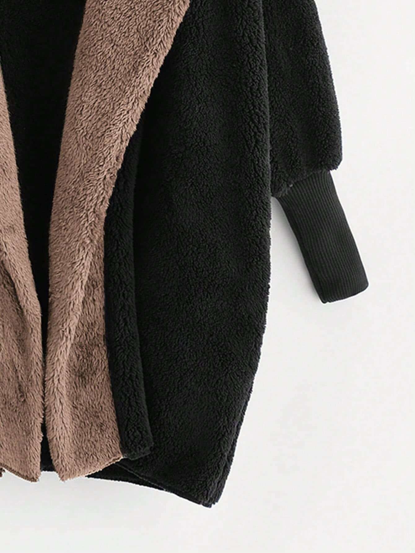 Collision-colored hooded fleece cardigan for women Loose large warm medium-length coat