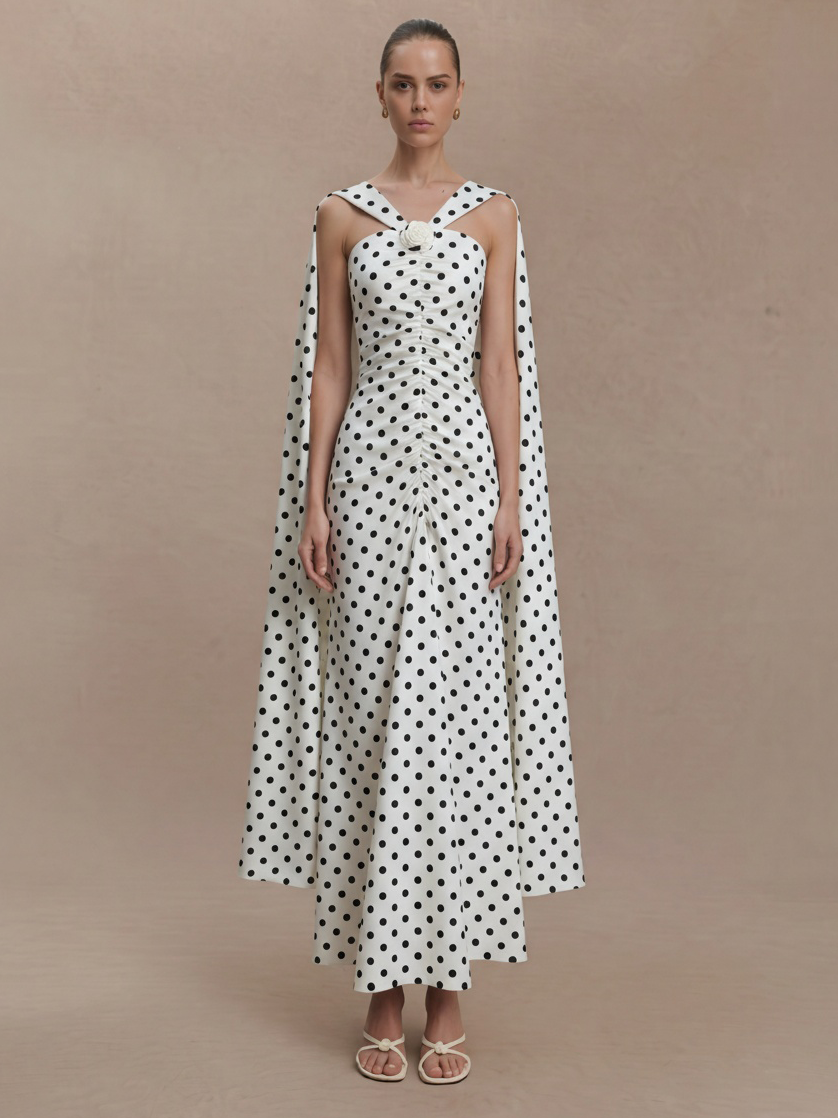 Elegant Hepburn Style Polka Dot Maxi Dress - Halter Neck, Off-Shoulder Sleeves & Shirred Waist