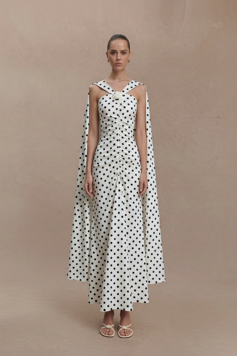 2026 Spring Summer Vintage Hepburn Style Polka Dot Maxi Dress - Halter Neck, Off-Shoulder Sleeves & Shirred Waist-Aetheryn