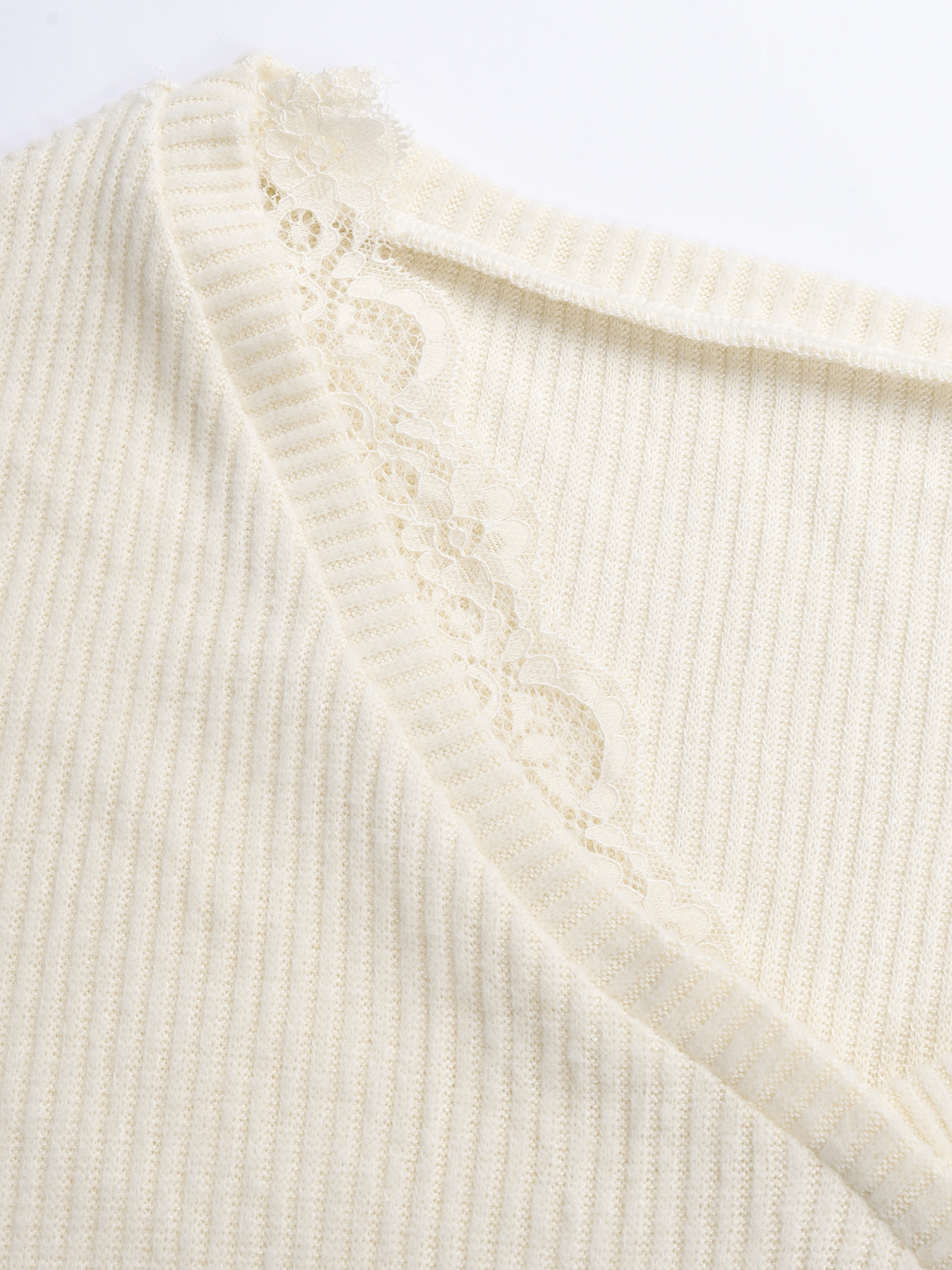 Women's Cream Cross V-Neck Sweater with Lace Trim, Ribbed Knit & Fitted Waist