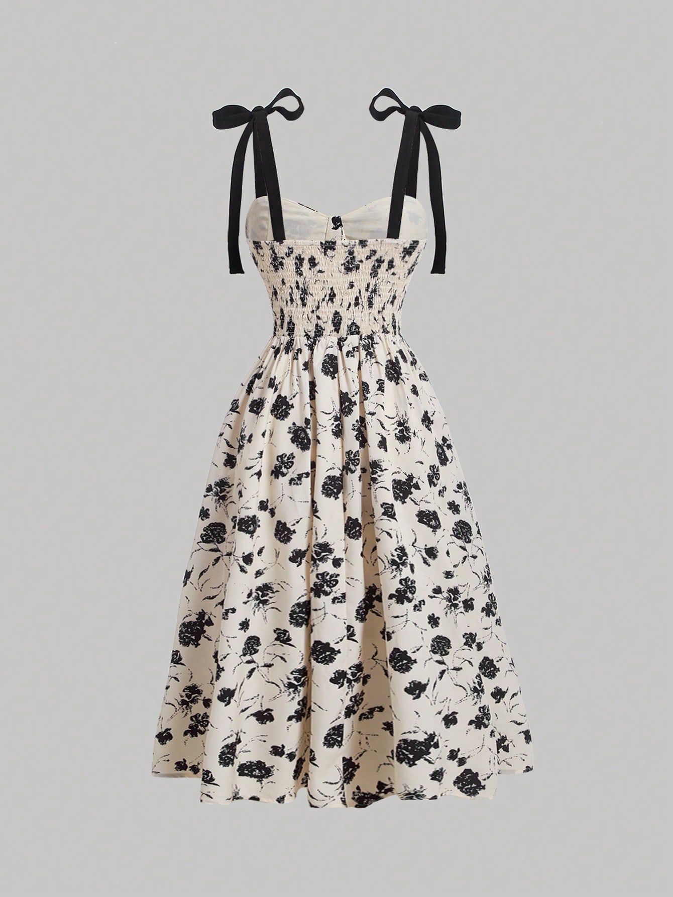 Women's Black and White Floral Print Spaghetti Strap Midi Dress