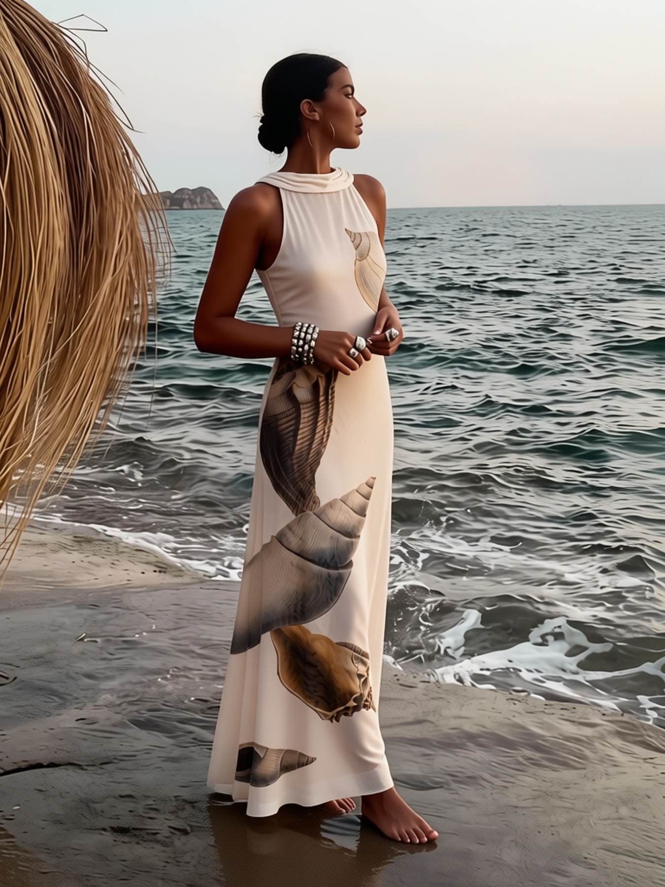 2026 Spring Summer Beach Holiday Shell Halter Dress - Relaxed Fit Slim Midi in Soft Beige