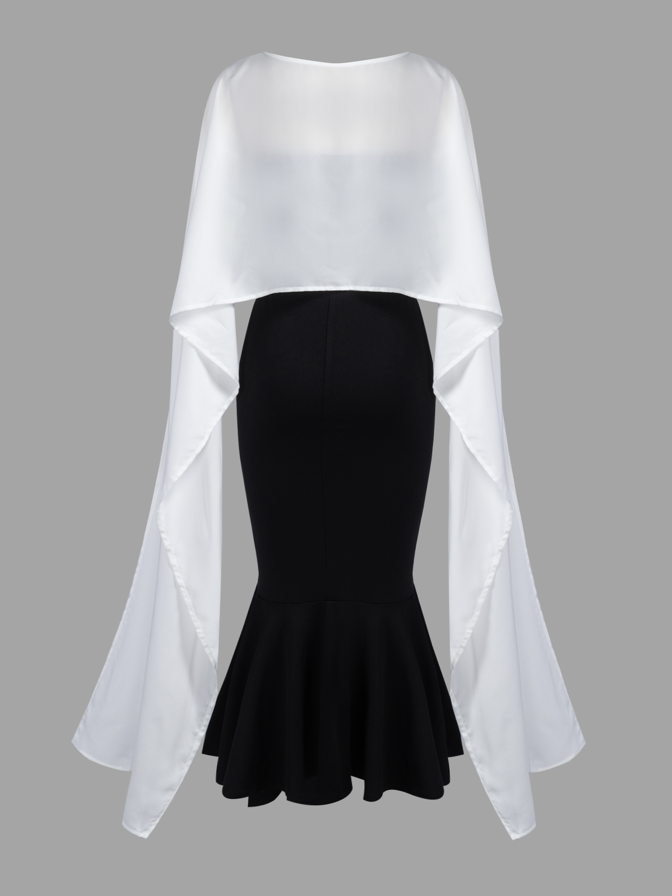 Woman's Black & White Cape Overlay Mermaid Maxi Dress