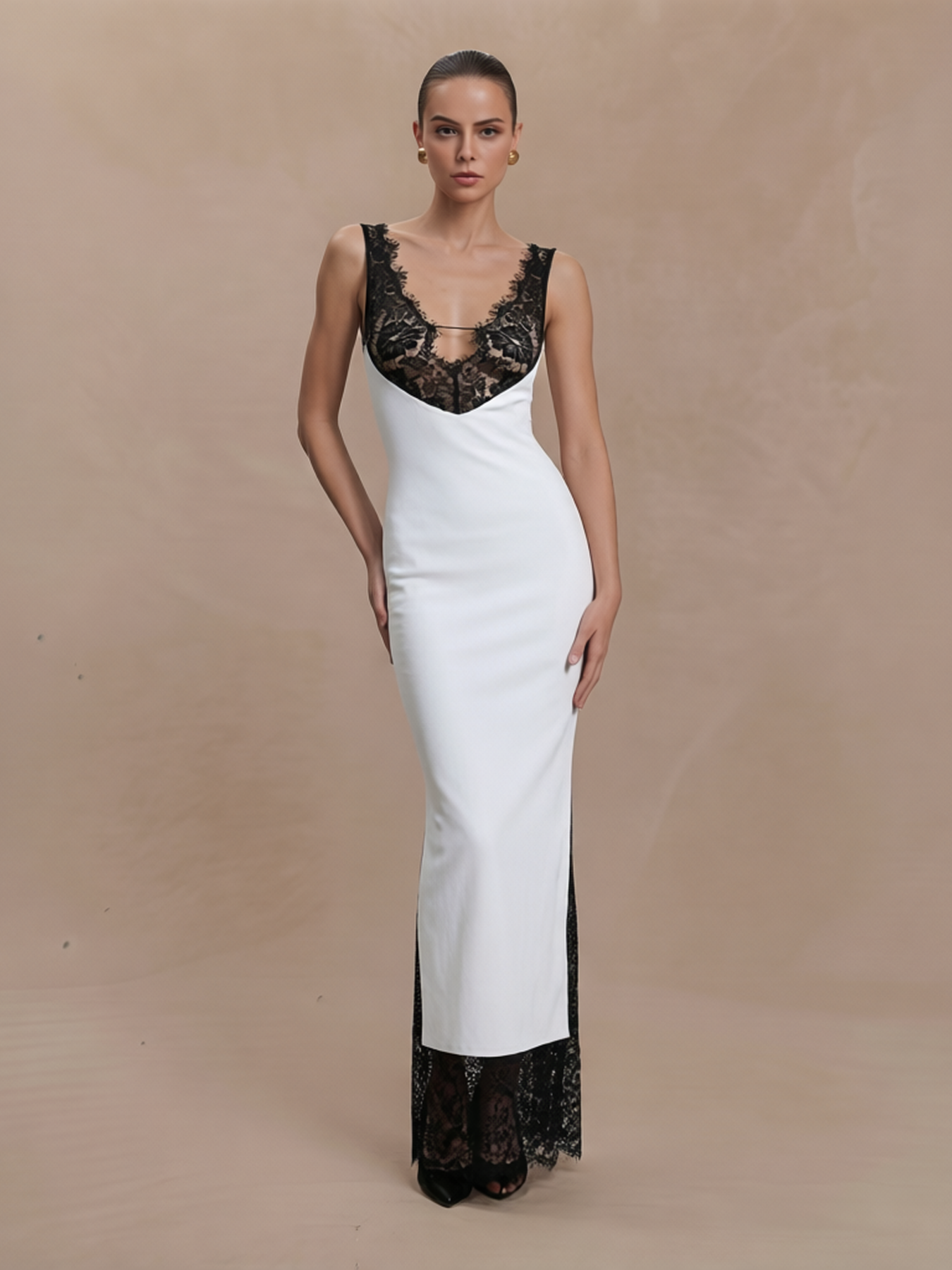 Glamorous Deep V Neck Black Lace Bodice Contrast Side Slit Maxi Dress