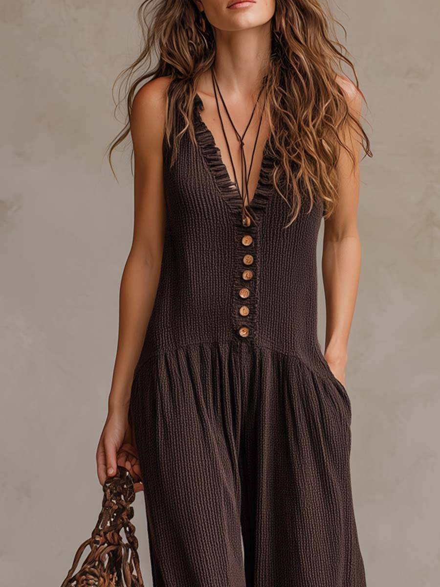  Boho Sleeveless V Neck Button Front Pocketed Wide Leg Vacation Jumpsuit