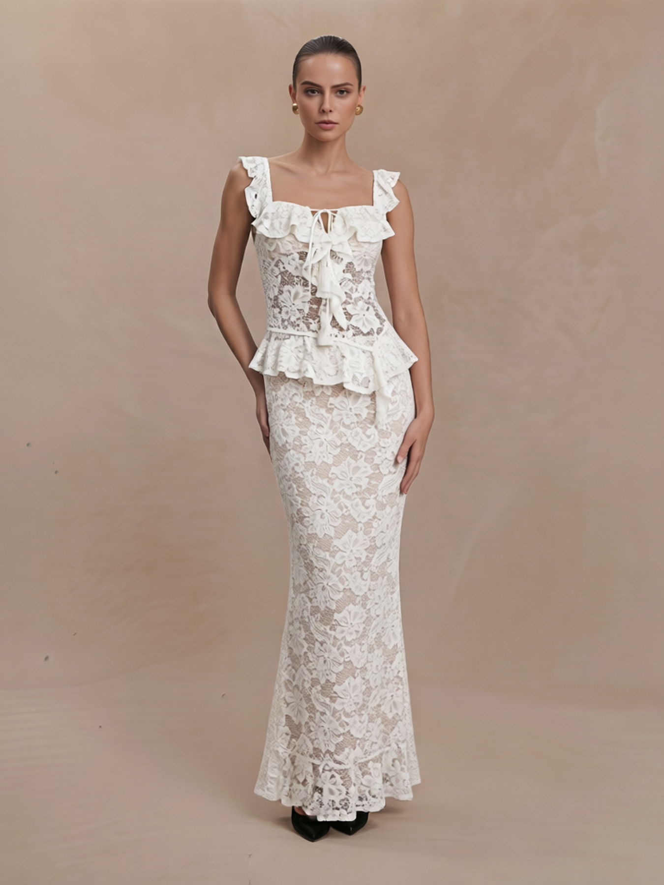 Square Neck Ruffle Strap Lace Bodice Front Tie Peplum Mermaid Maxi Dress