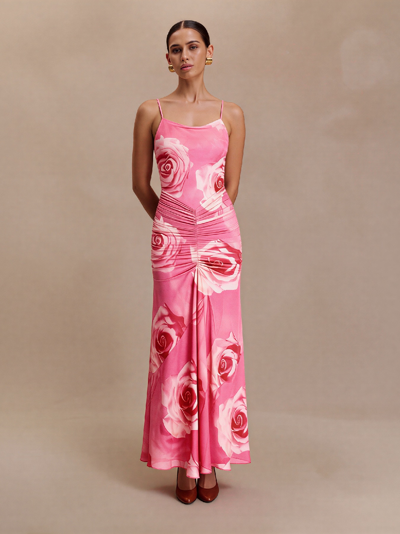 2026 Spring Summer Show-Stopping Magenta Rose Print Maxi Dress - Criss-Cross Open Back & Gathered Waist