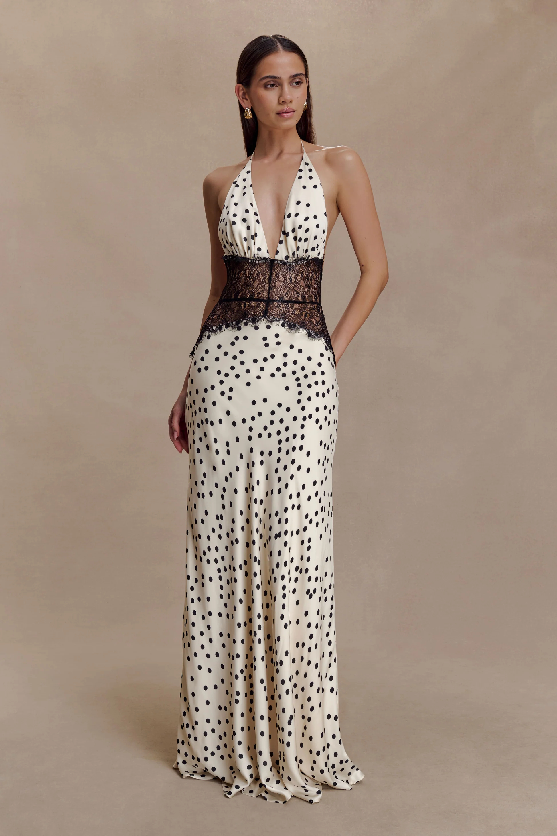 Woman's Dinner Atmosphere Halter V-Neck Lace Paneled Formal Dress | Backless Polka Dot Maxi Sexy Dress