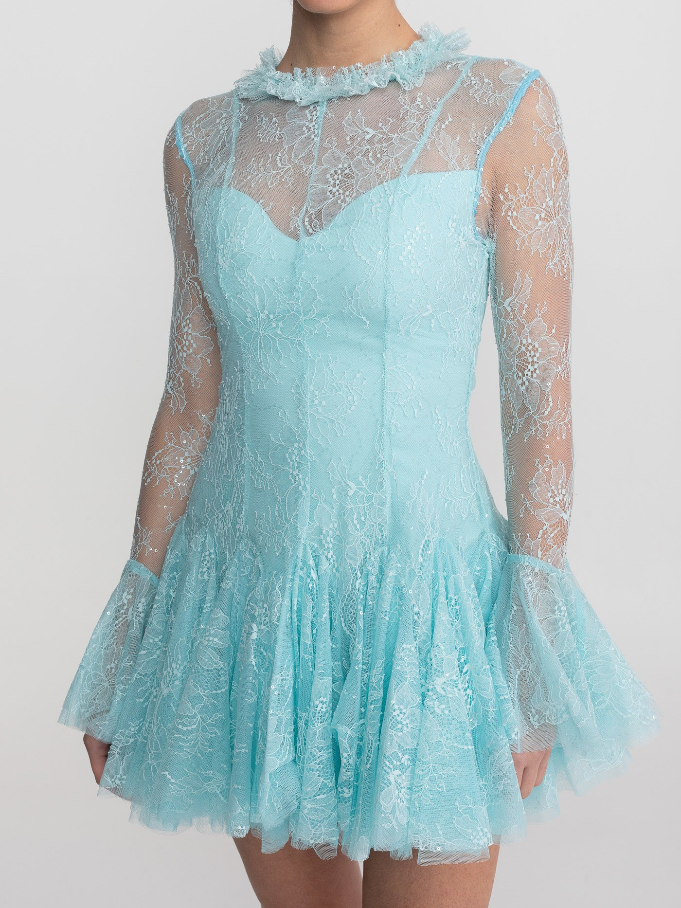 Women's Vintage Lace Tiered Mini Dress - Long Bell Sleeves & Sheer Mesh Neckline