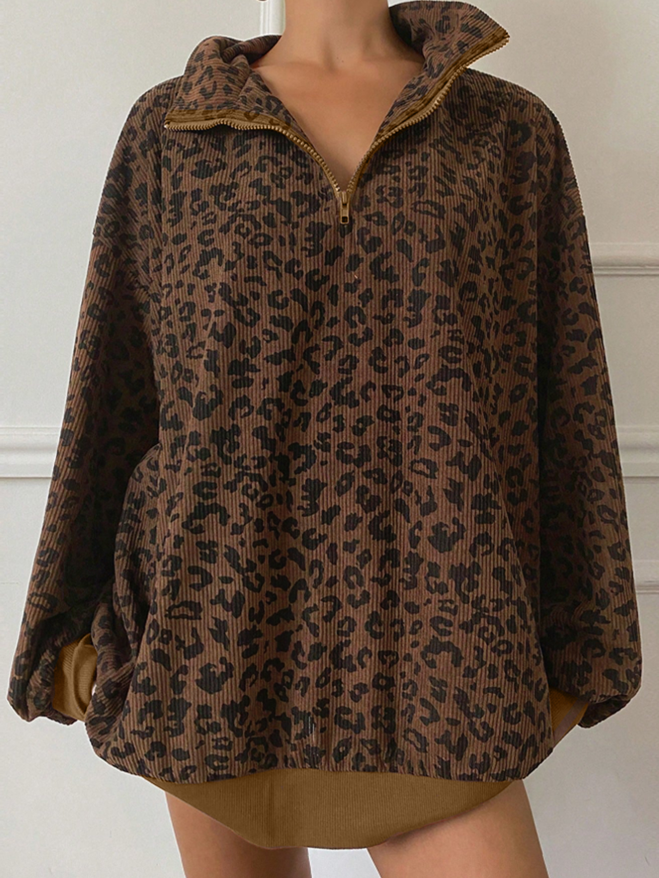 Women's Leopard Half-Zip Collared Sweatshirt