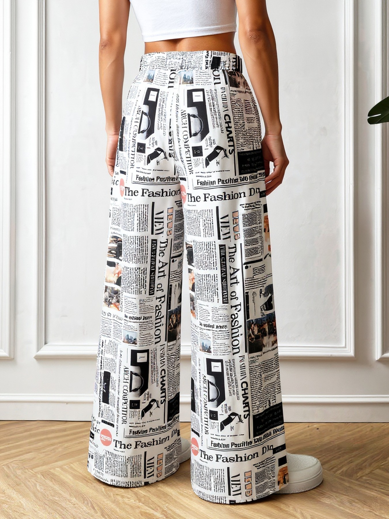 Woman's Newspaper Print Drawstring Wide-Leg Pants : Loose Casual Vacation Pants