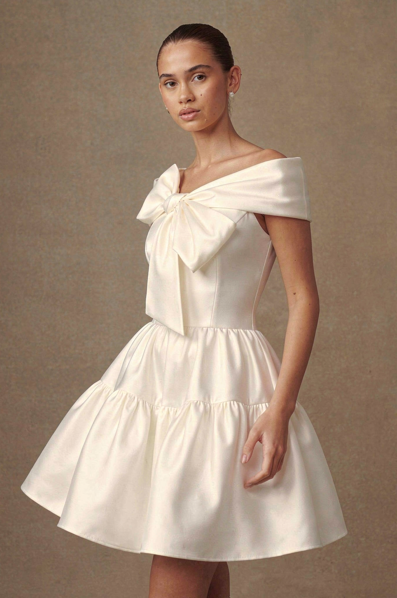 Off Shoulder Bow Tiered Mini Dress
