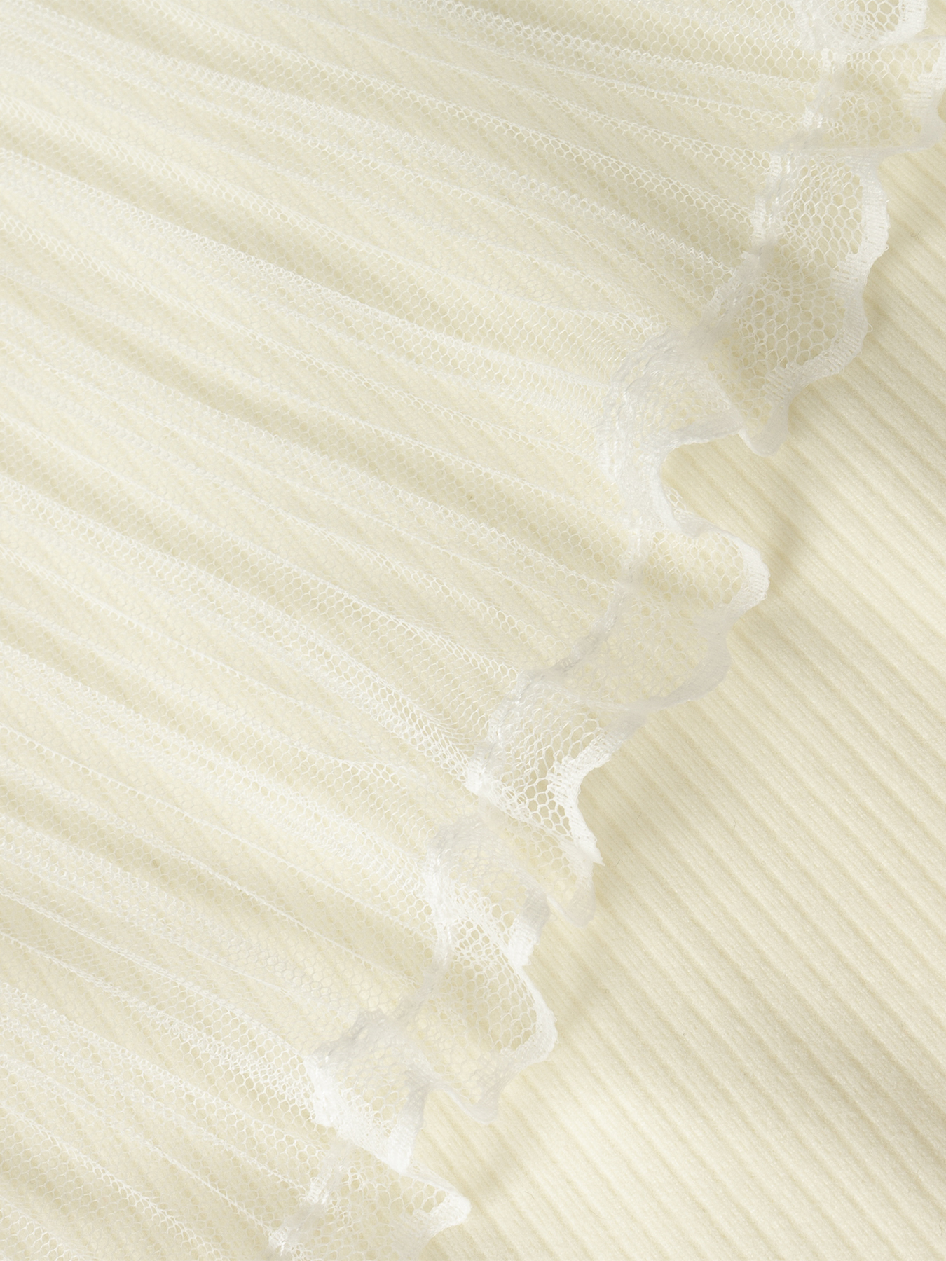 Women's Cream V-Neck Long Sleeve Top with Asymmetric Ruffle Lace Trim and Ribbed Detail