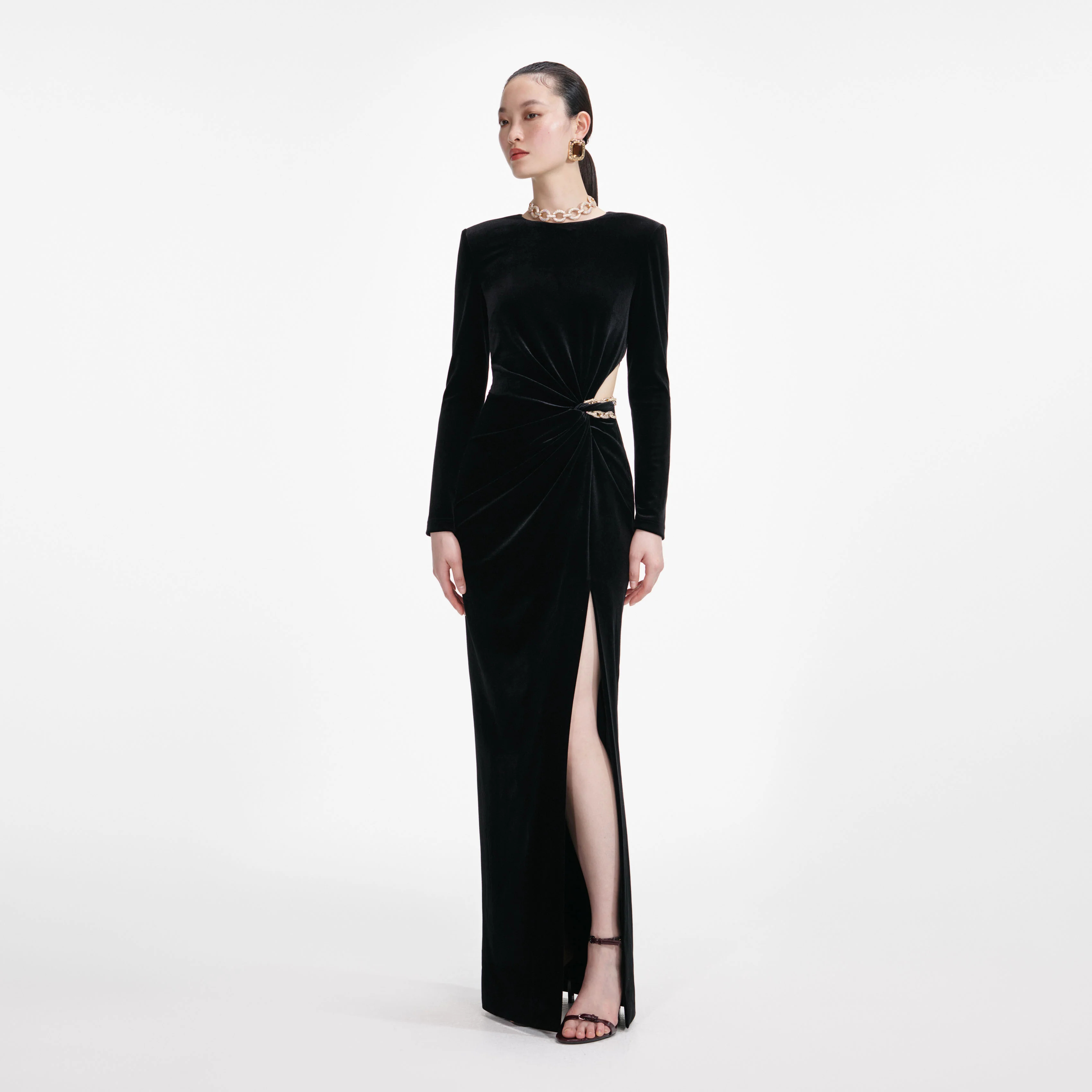 Woman's Vintage Luxury Black Velvet Formal Dress Cutout Waist Twist Metal Buckle Long-Sleeve Slit Maxi Dress