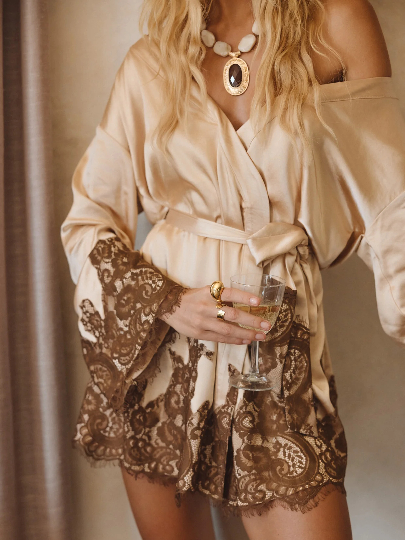 Gold Champagne Satin Lace Trim Belted Kimono Dress