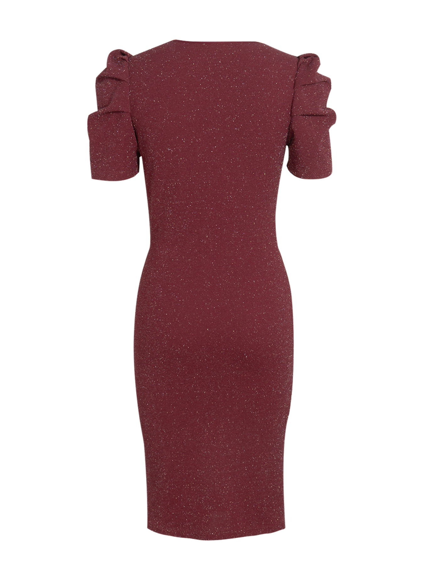 Woman's Glitter Deep V Puff Sleeve Ruched Midi Dress