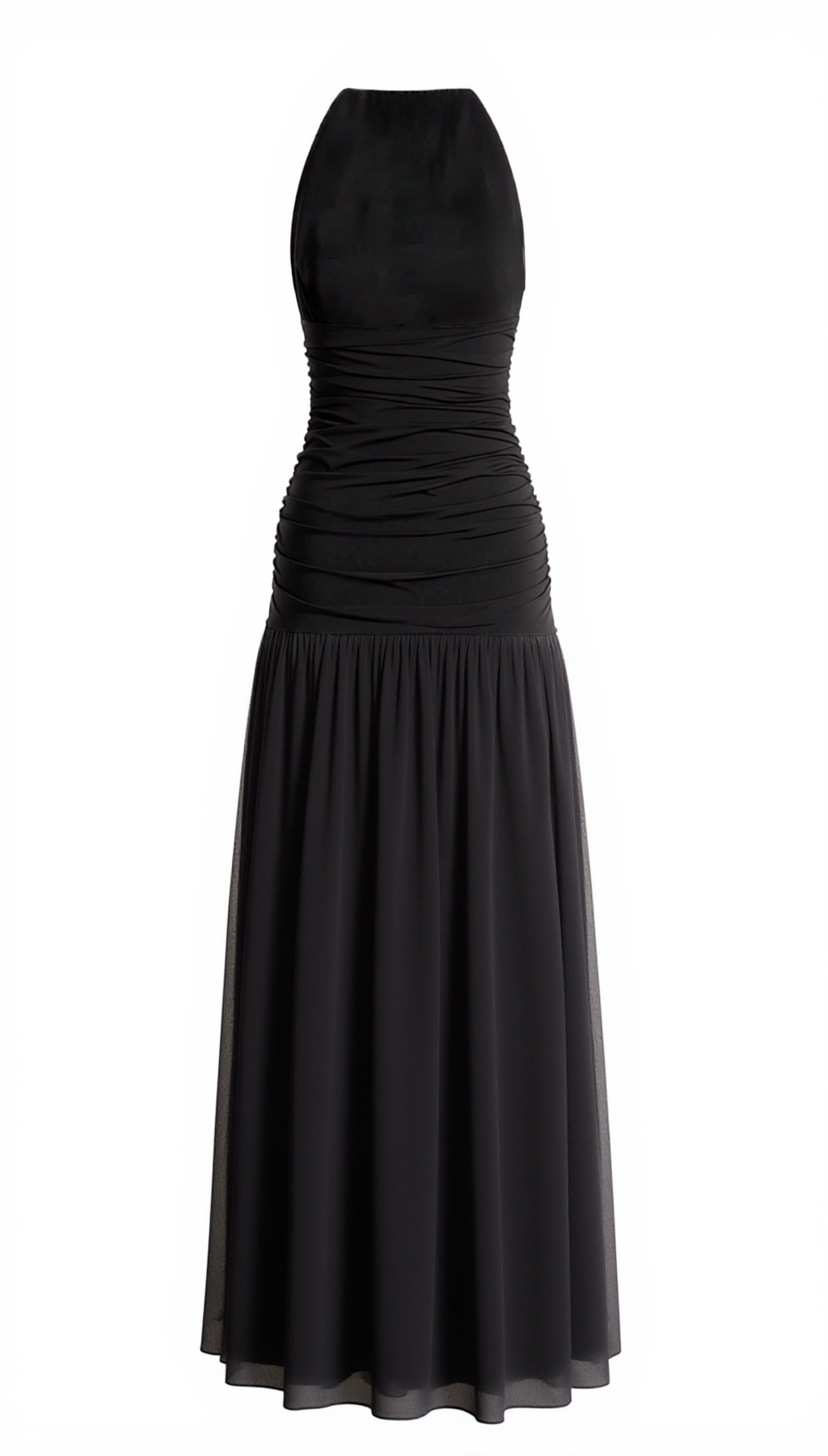 2026 Spring Summer Elegant Black Evening Gown - Sheer Mesh Panels & Gathered Halter Neck Maxi Dress