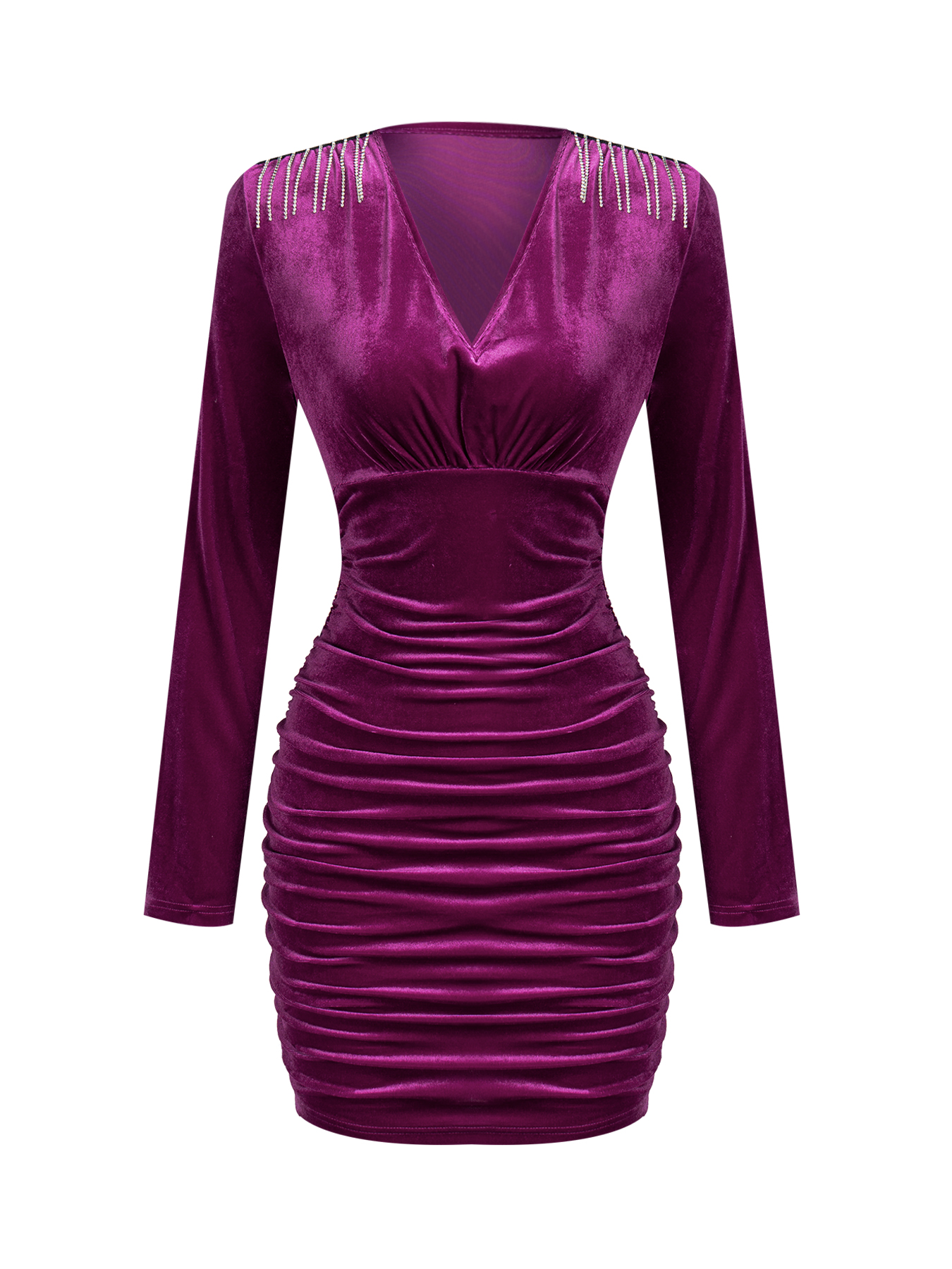 Woman's Velvet Deep V Long Sleeve Ruched Mini Dress