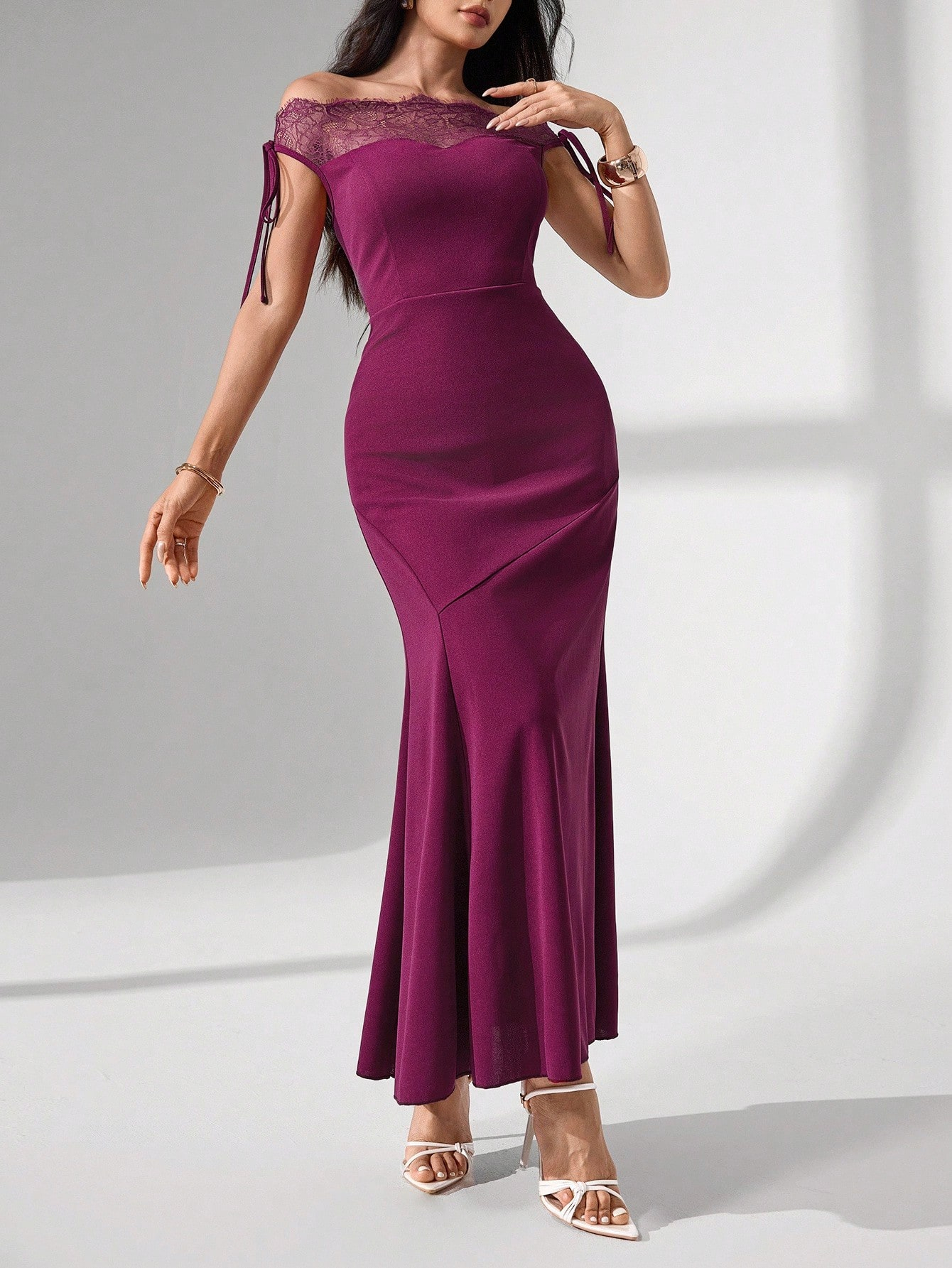 Woman's Plum Lace Off-Shoulder Tie-Detail Mermaid Maxi Dress