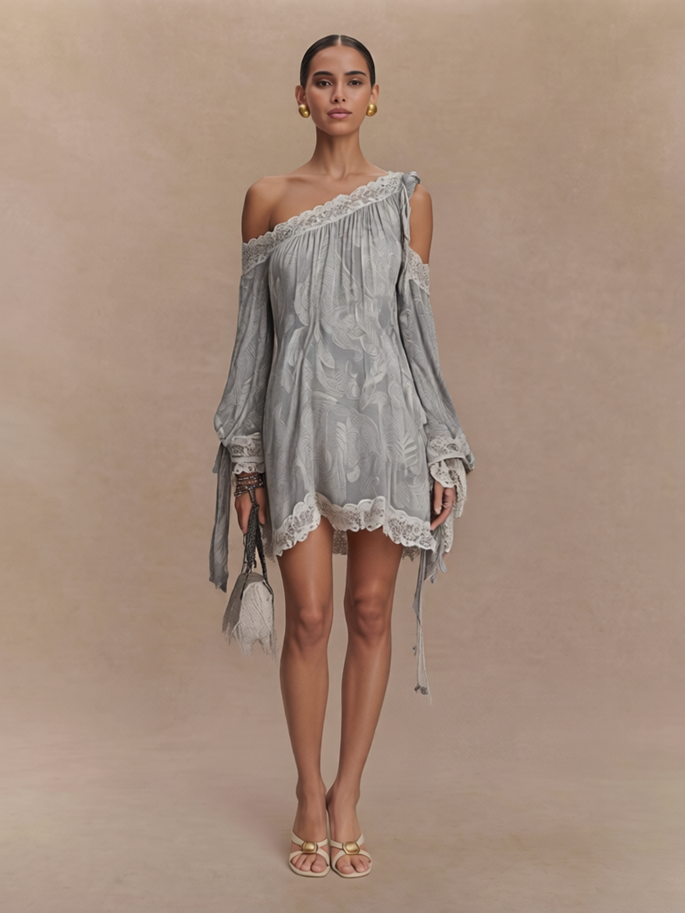 One Shoulder Lace Trim Mini Dress