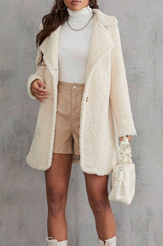Women's Cream Teddy Fleece Lapel Long Coat