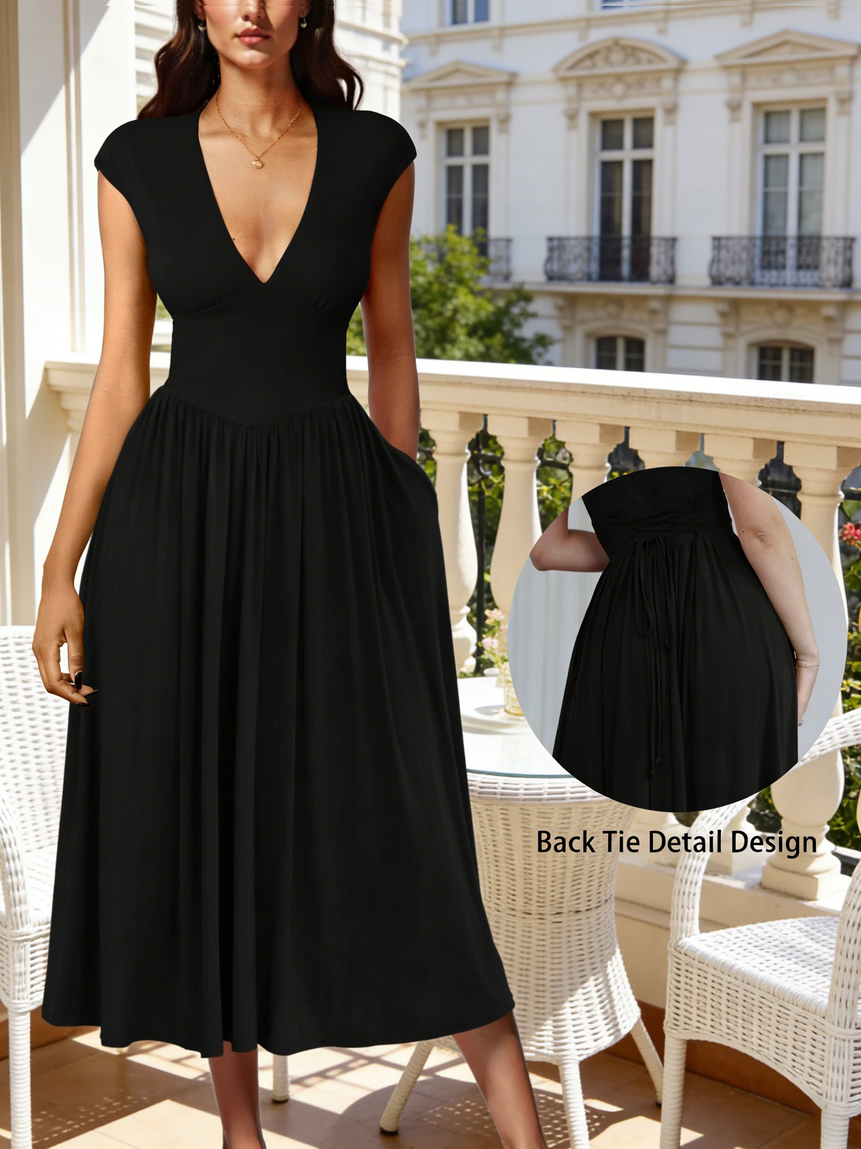 Women's Casual Deep V Neck Cap Sleeve Pleated Swing A Line Midi Dress With Pockets