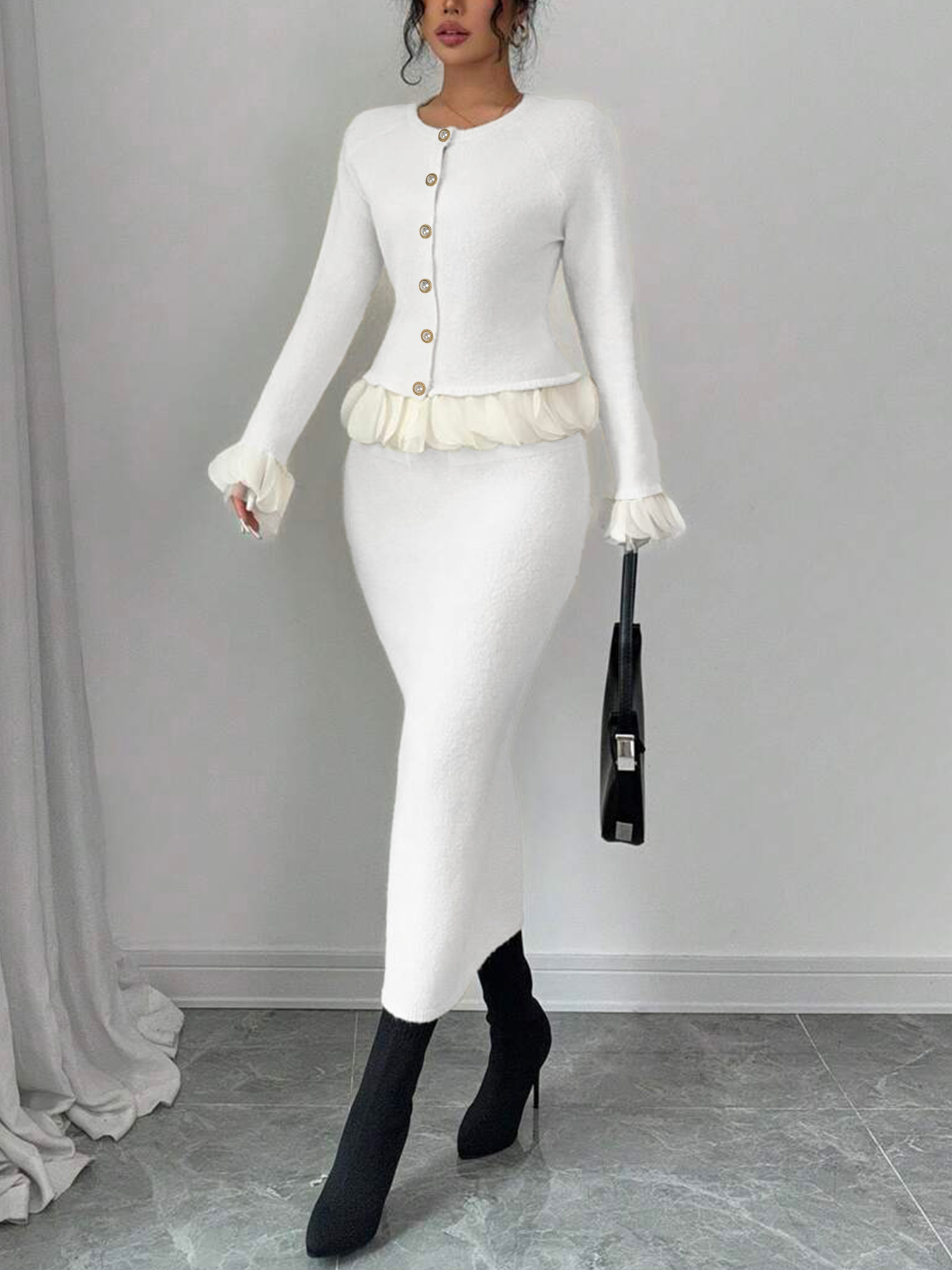 Women's White Knitted Cardigan with Gold Buttons, Ruffled Hem & Cuffs