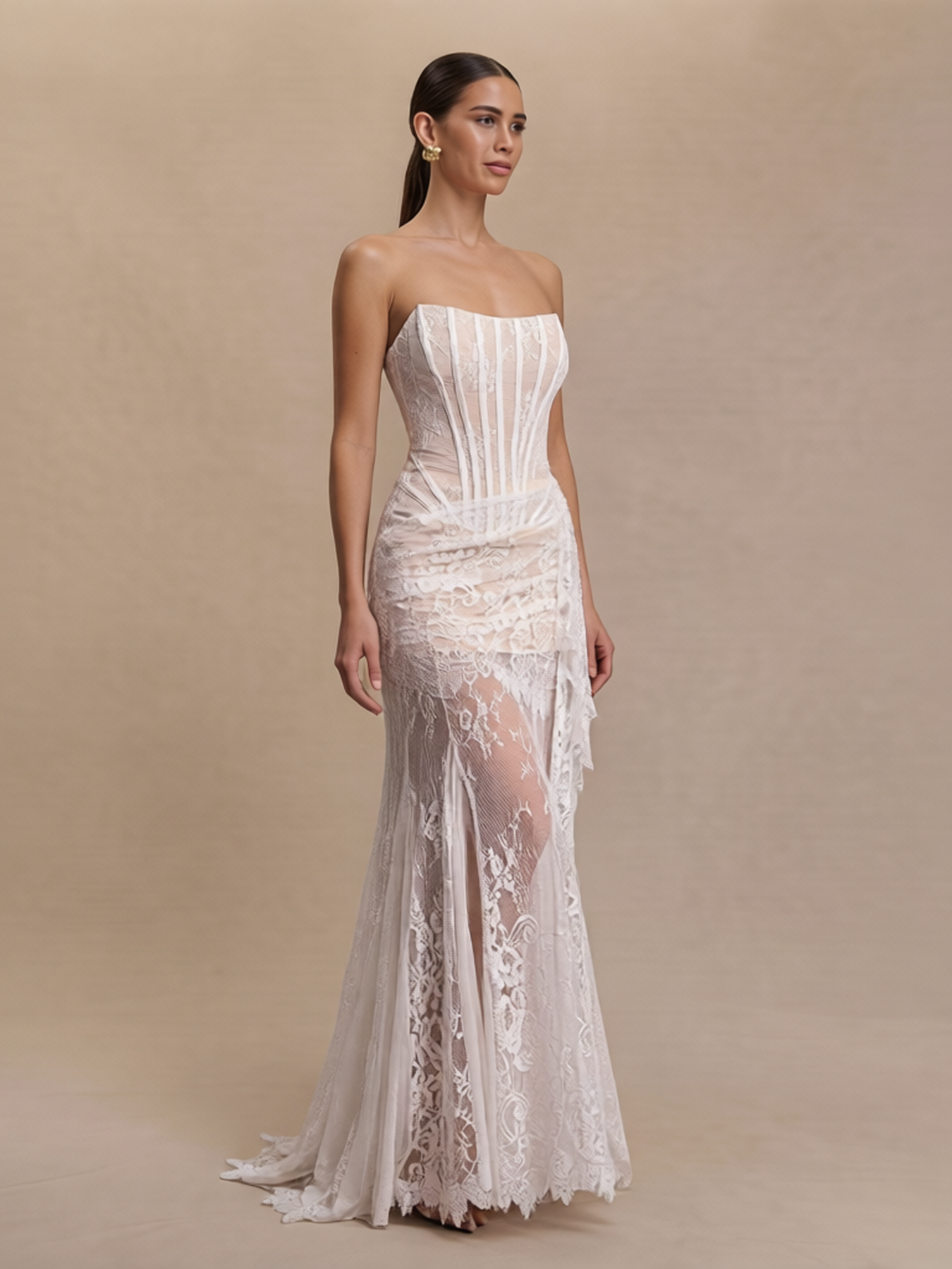Strapless Boned Corset Bodice Sheer Lace Mermaid Trailing Maxi Dress