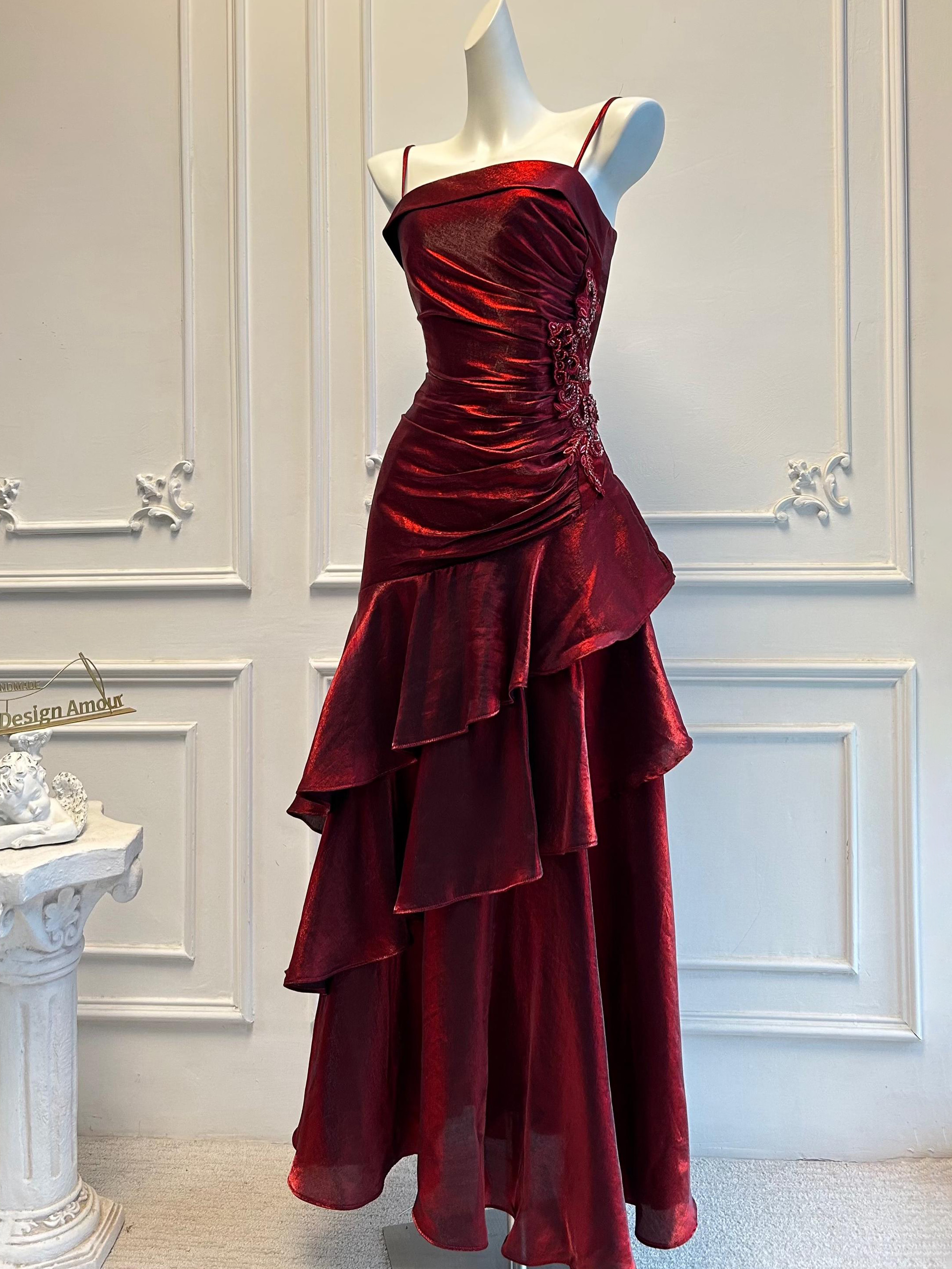 Elegant Red Shimmer Satin Ruffle Hem Evening Gown Party Dress