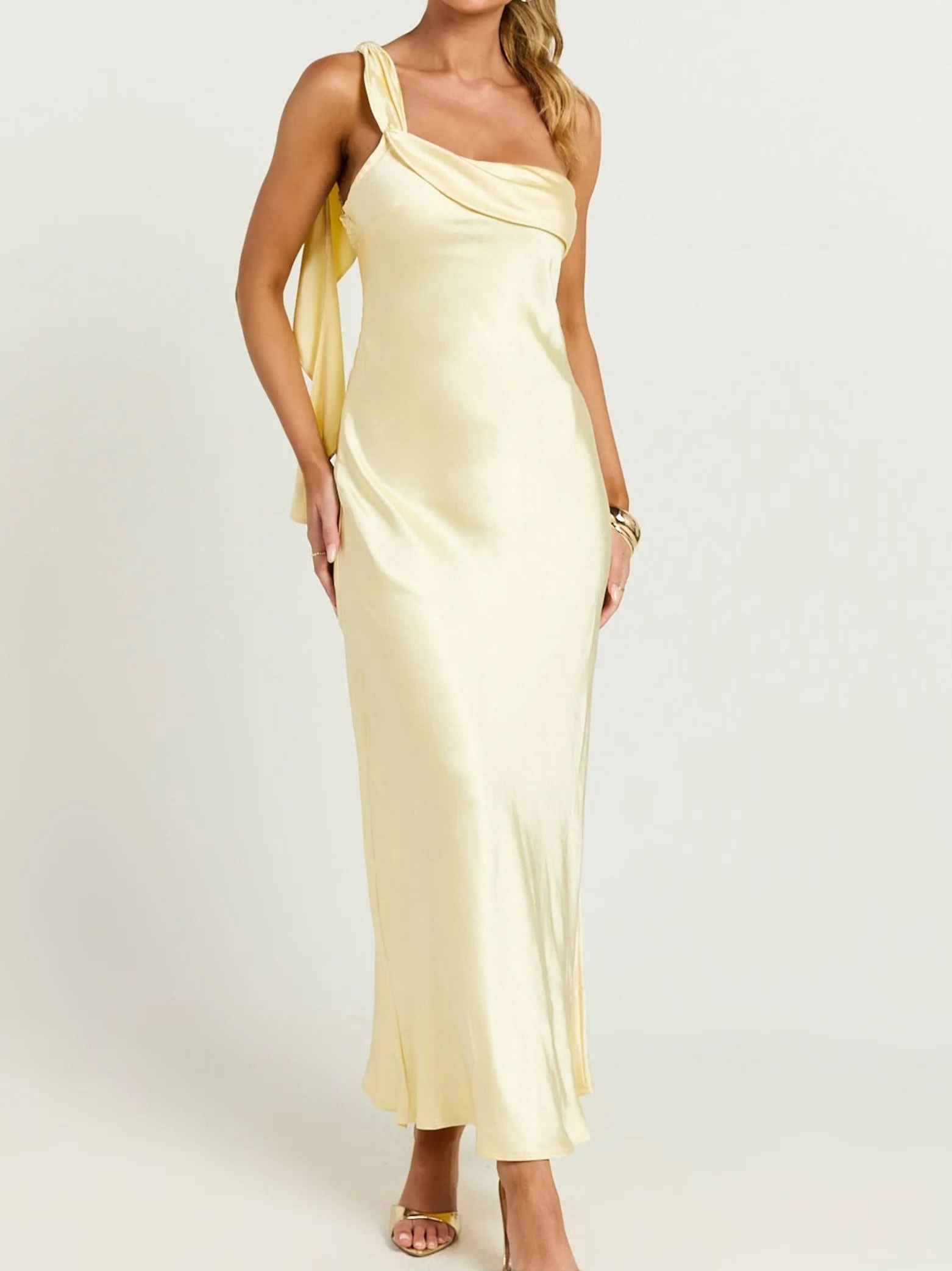 Pale Yellow Draped One Shoulder Satin Dress